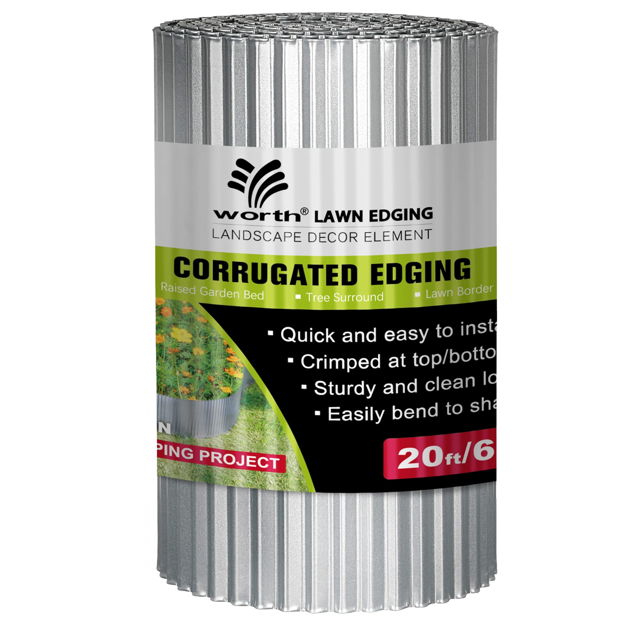 Worth Garden Landscape Lawn Corrugated Edging - 10' X 20' Galvanized Steel Sturdy Flexible Garden Lawn Border Edging For Raised