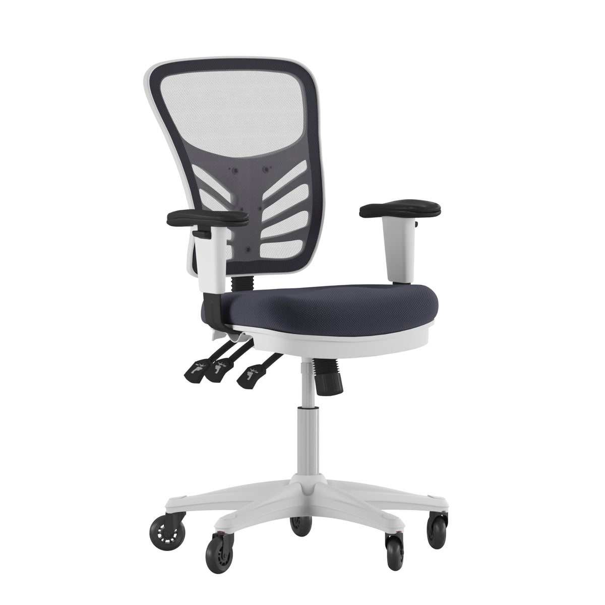 Flash Furniture Nicholas Mid-Back Dark Gray Mesh Multifunction Executive Ergonomic Chair With Adjustable Arms, Transparent Roller Wheels, And White Frame