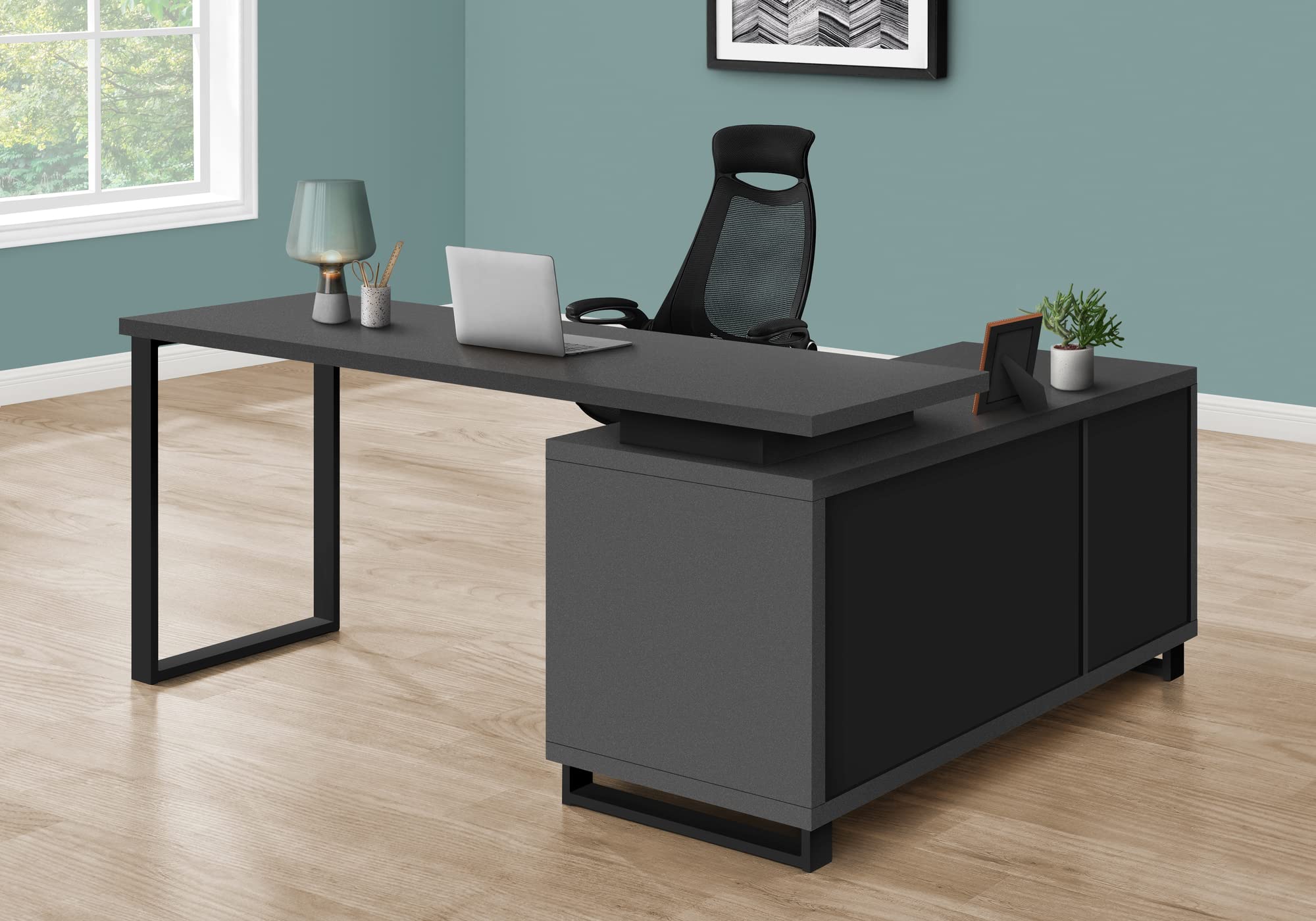 Monarch Specialties 7715 Computer Desk, Home Office, Corner, Storage Drawers, Shape, Work, Laptop, Metal, Laminate, Contemporary, Desk-72 L Modern Grey Black Executive, 72&quot; L x 60&quot; W x 31.25&quot; H