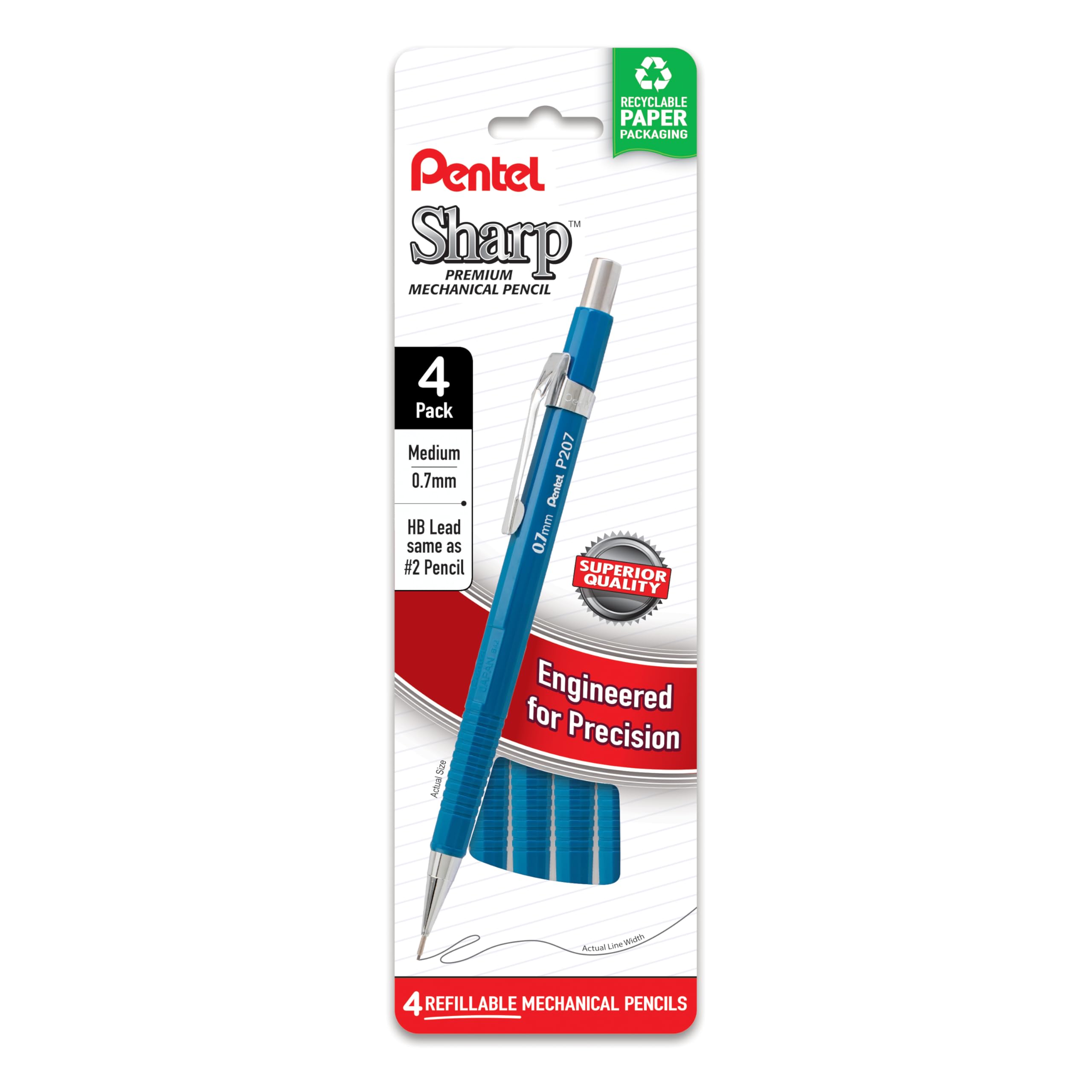 Pentel Sharp Mechanical Pencil, (0.7Mm), Medium Line, Blue Barrel, Pack Of 4 (P207Pf4C)