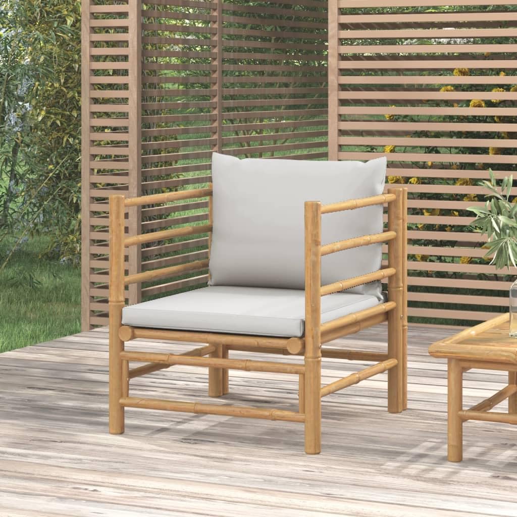 vidaXL Durable Natural Finish Bamboo Patio Sofa with Light Gray Cushions - Comfortable Seating with Backrest, Easy Assembly, and Modular Design.