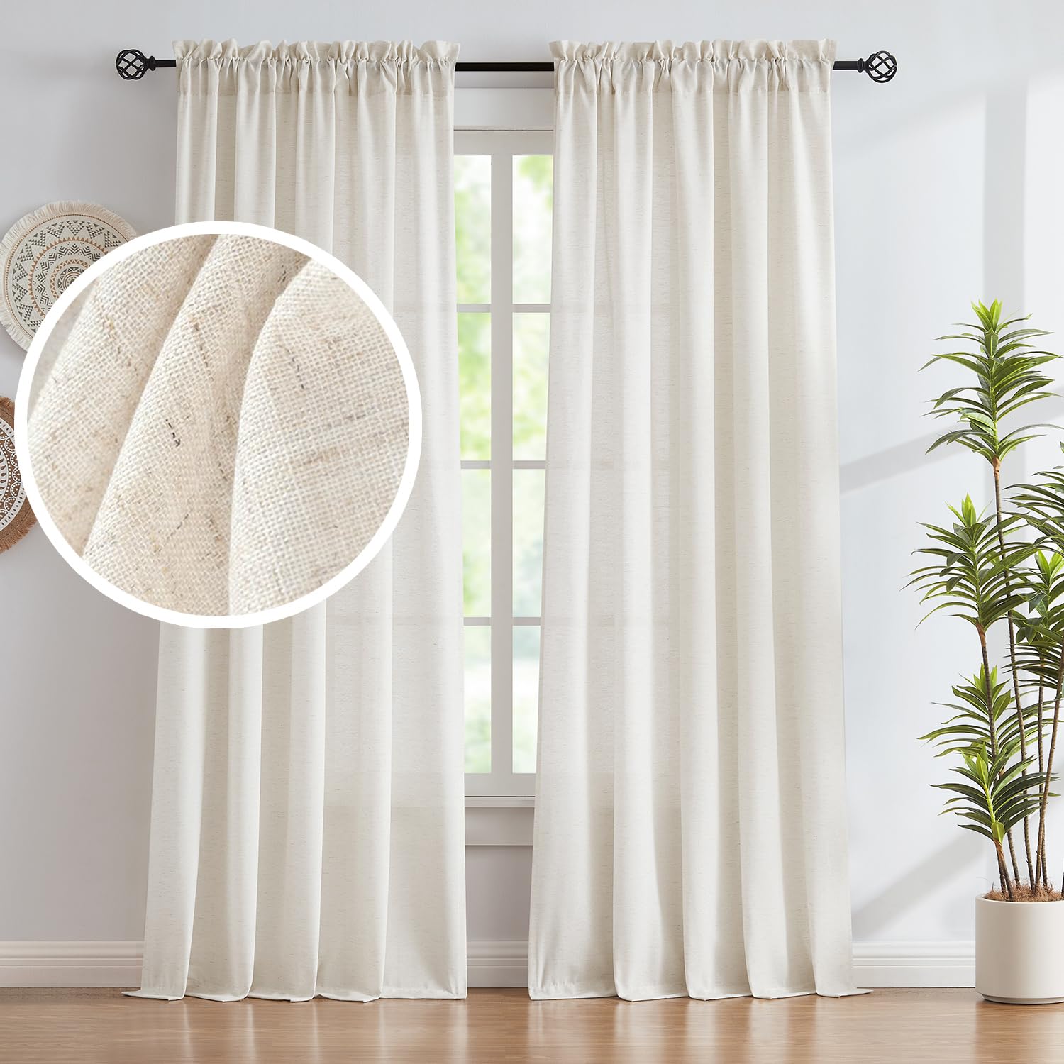 Semi-Sheer Flax Linen Curtains For Living Room Bedroom Natural Privacy Curtain Drapes Farmhouse Rod Pocket Light Filtering Windo