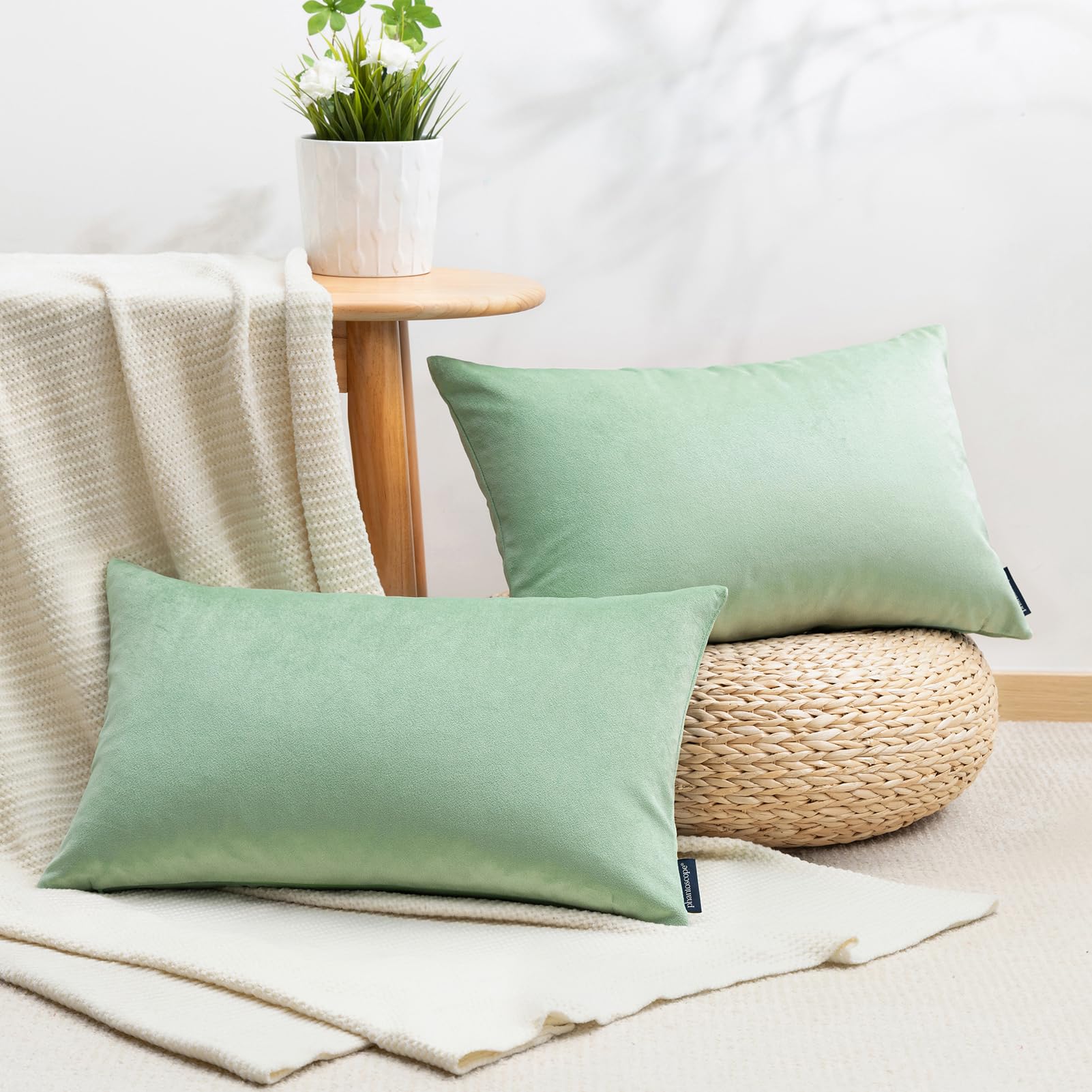 Phantoscope Pack Of 2 Velvet Decorative Throw Decorative Pillow Cover Soft Solid Square Cushion Case For Couch Sage Green 12 X 2