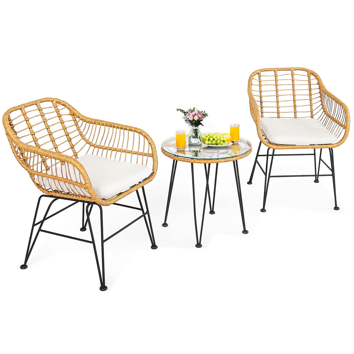 Kotek 3 Pieces Patio Bistro Set, Outdoor Rattan Conversation Set With Glass Top Coffee Table & Seat Cushions, Indoor Outdoor Wicker Bistro Furniture Set For Garden Backyard Porch Balcony (White)