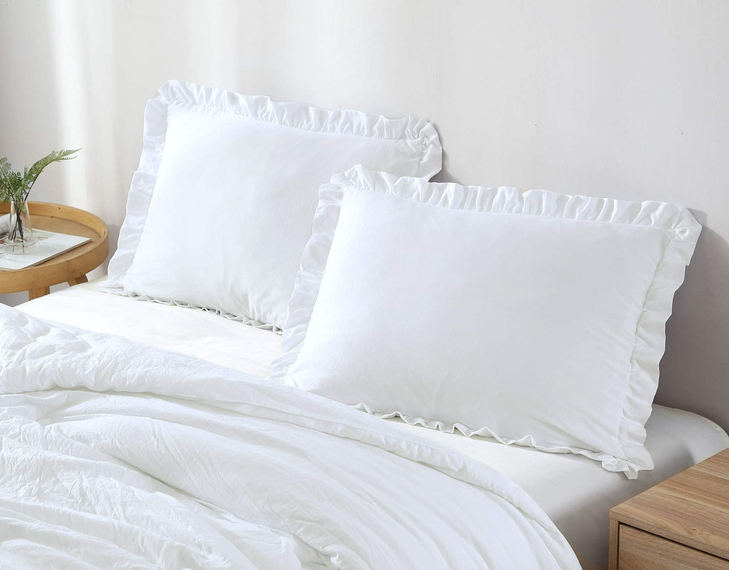 Chezmoi Collection Nora 2-Piece Ruffled Edge Trim Soft Washed Microfiber Comforter Set (Twin, White)