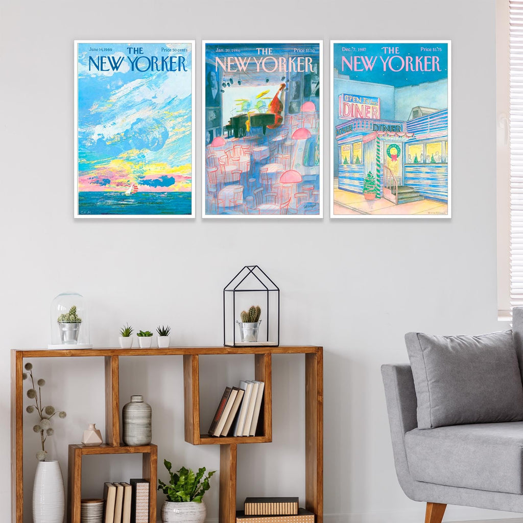 Dfaiuy Set Of 3 New Yorker Magazine Posters Modern Home Canvas Wall Art Retro Blue Minimalist Prints Painting Sunrise Sunset Sea