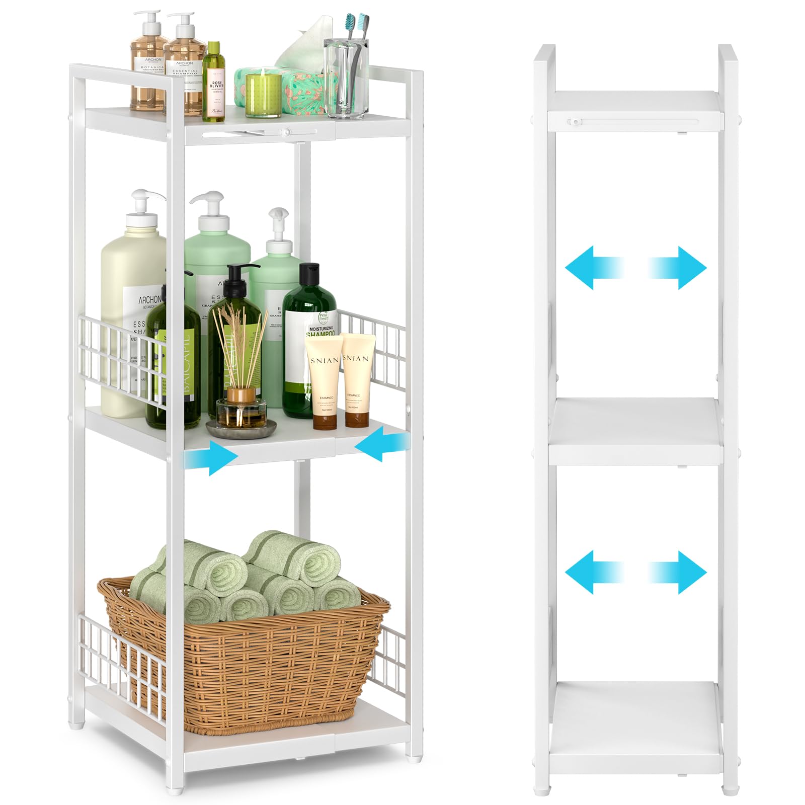 Daoutime Expandable Slim Storage Shelf, 3 Tier Metal Shelving Unit For Bathroom Storage Organizer, Free-Standing Narrow Shelf, O
