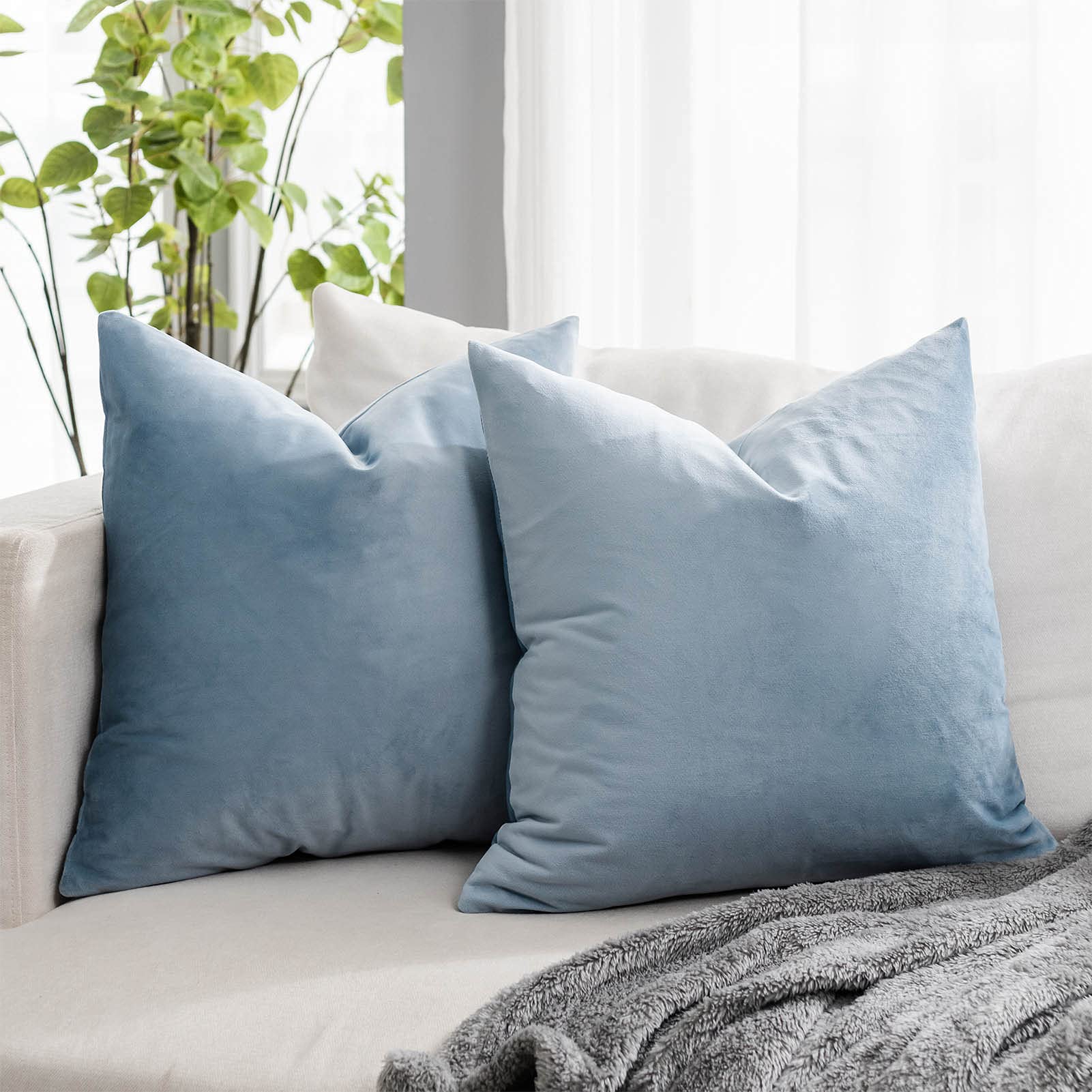 Quafoo Soft Light Blue Velvet Square Throw Pillow Covers 18X18 Set Of 2 For Sofa Couch Bed,Luxury Solid Cushion Case With Zipper