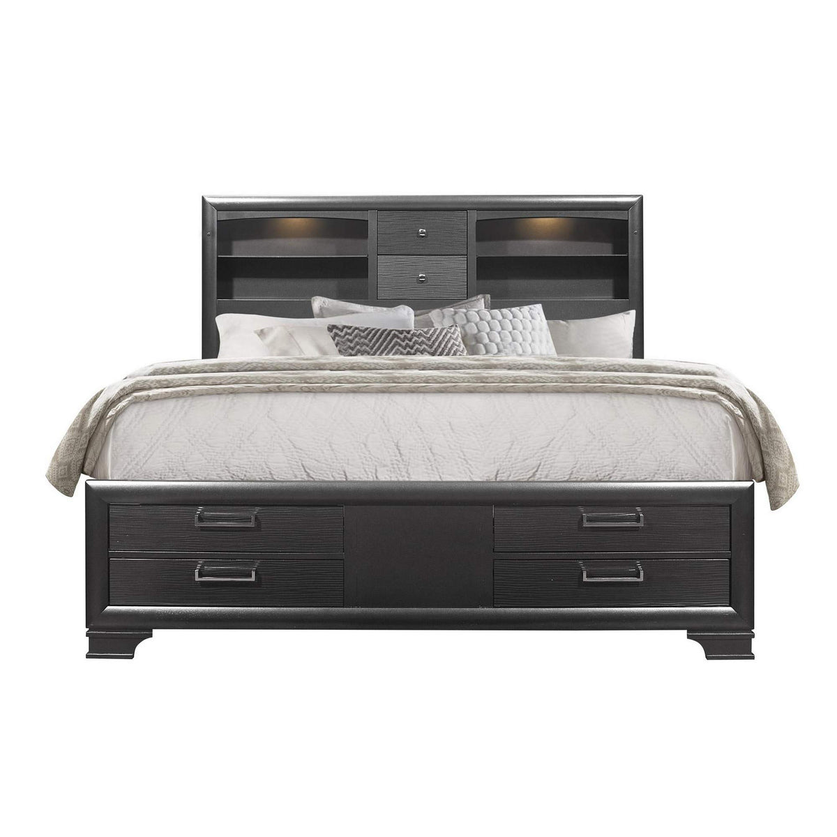 HomeRoots Solid Wood Full Gray Eight Drawers Bed