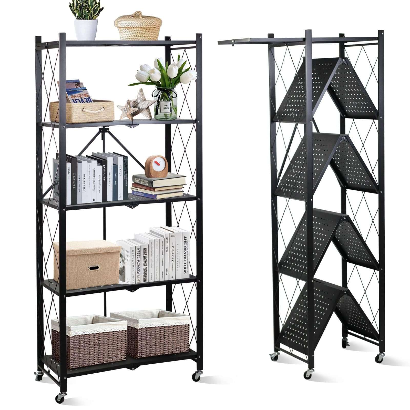Fenbeli 5 Tier Storage Shelf with Wheels - Metal Collapsible Shelving Unit Display, Heavy Duty Folding Shelves, No Assembly Orga