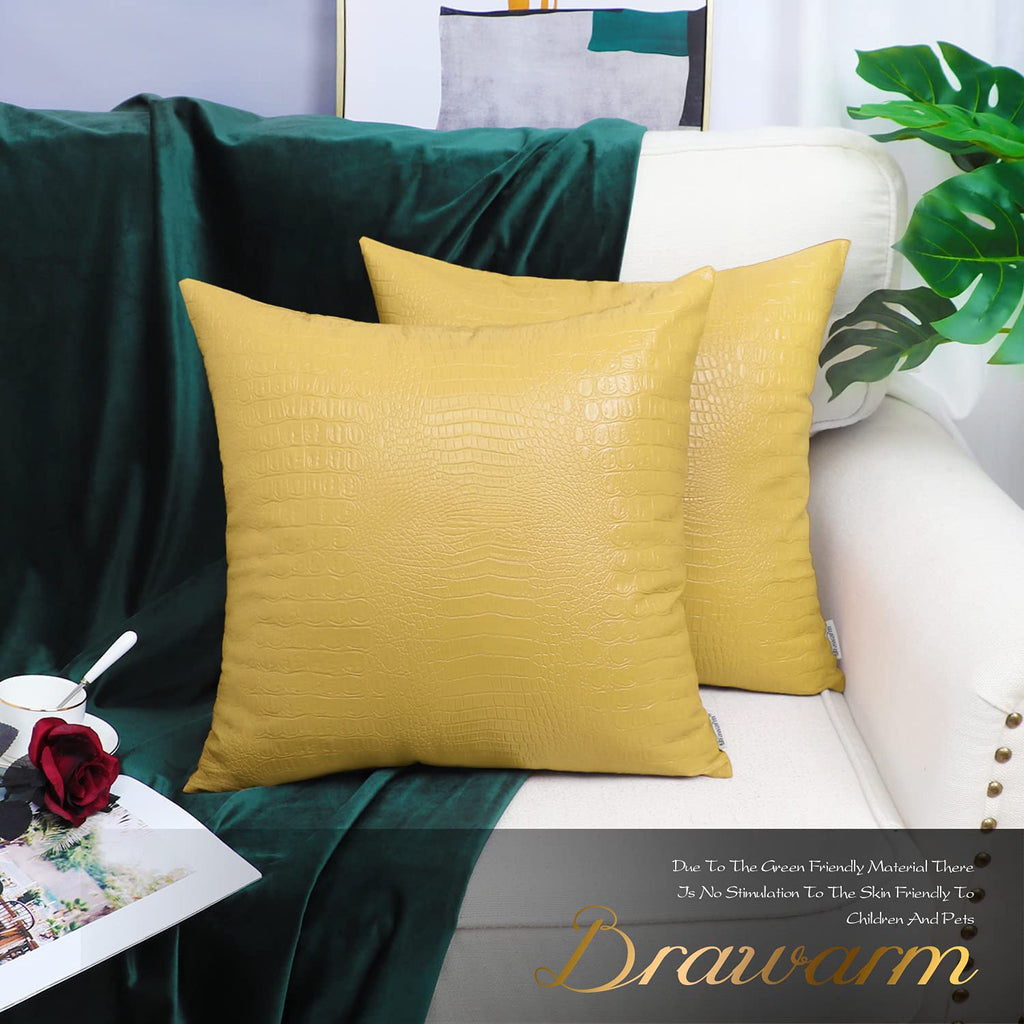 Brawarm Faux Leather Pillow Covers 18 X 18 Inches, Yellow Leather Pillow Covers Pack Of 2, Crocodile Leather Decorative Throw Pi