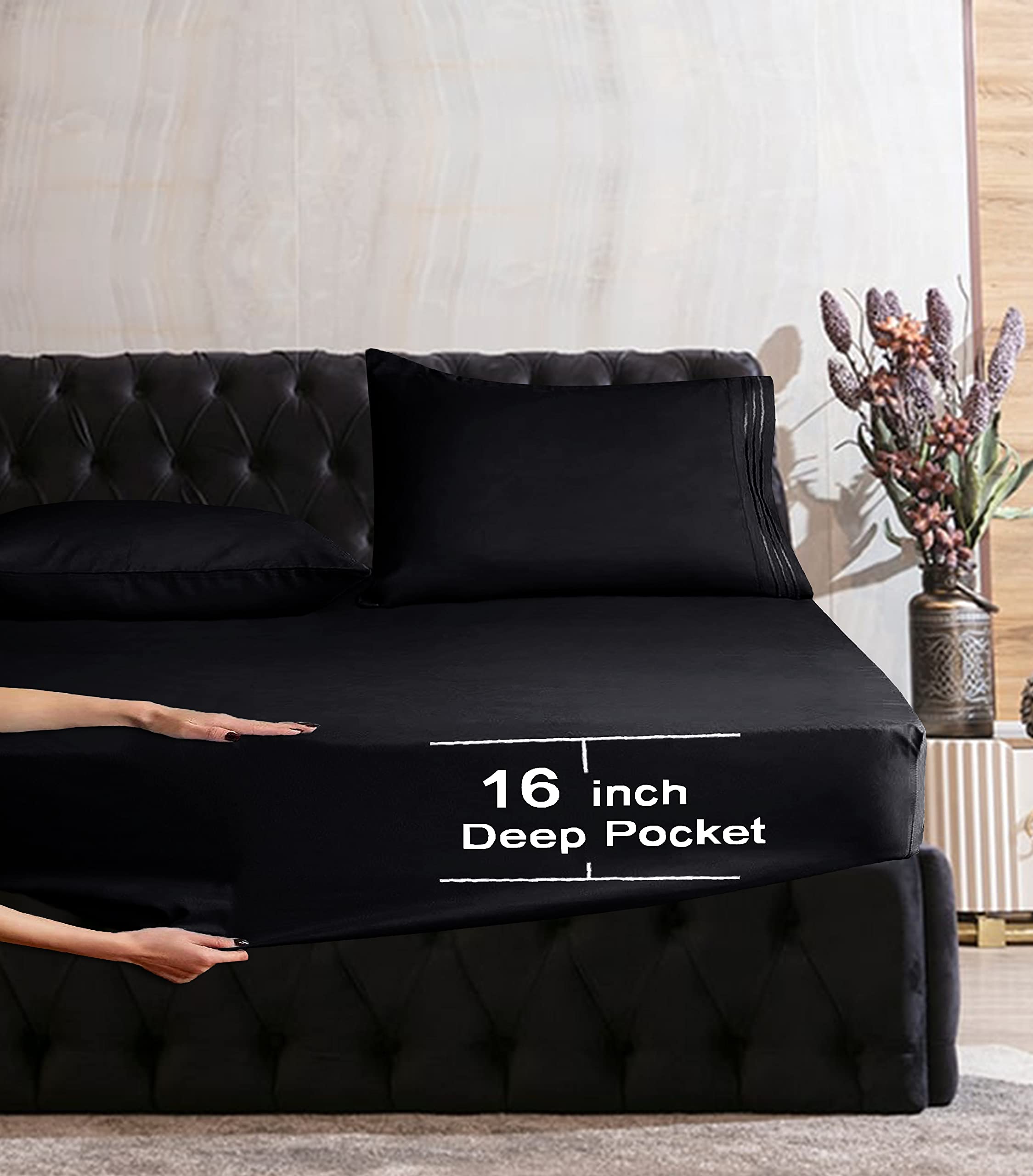 Elegant Comfort Luxurious Wrinkle Resistant 1500 Thread Count Egyptian Quality 1-Piece Fitted Sheet All Around Elastic -Deep Pocket- Ultra Soft Bottom Fitted Sheet, King, Black