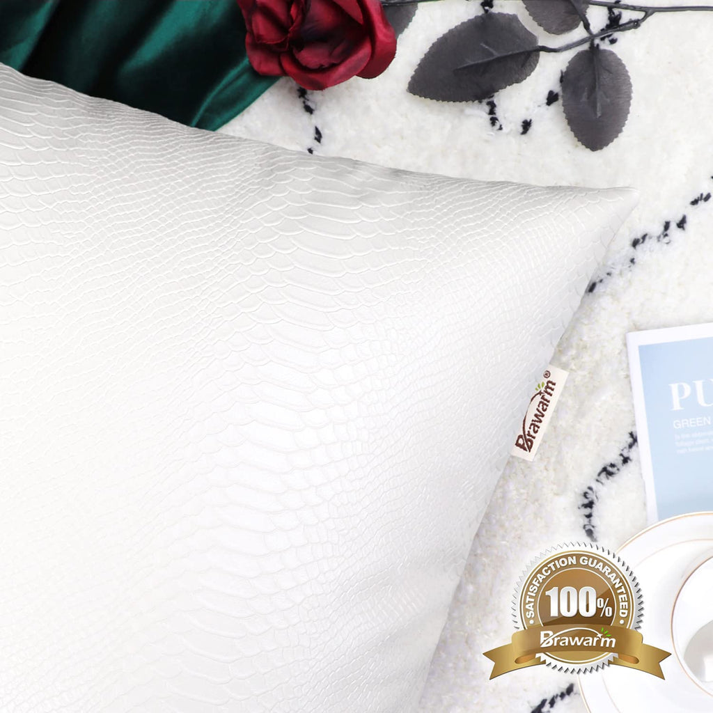 Brawarm White Leather Throw Pillows 12 X 20 Inches, Snake Leather Pillow Covers Pack Of 2, Faux Leather Decorative Lumbar Pillow