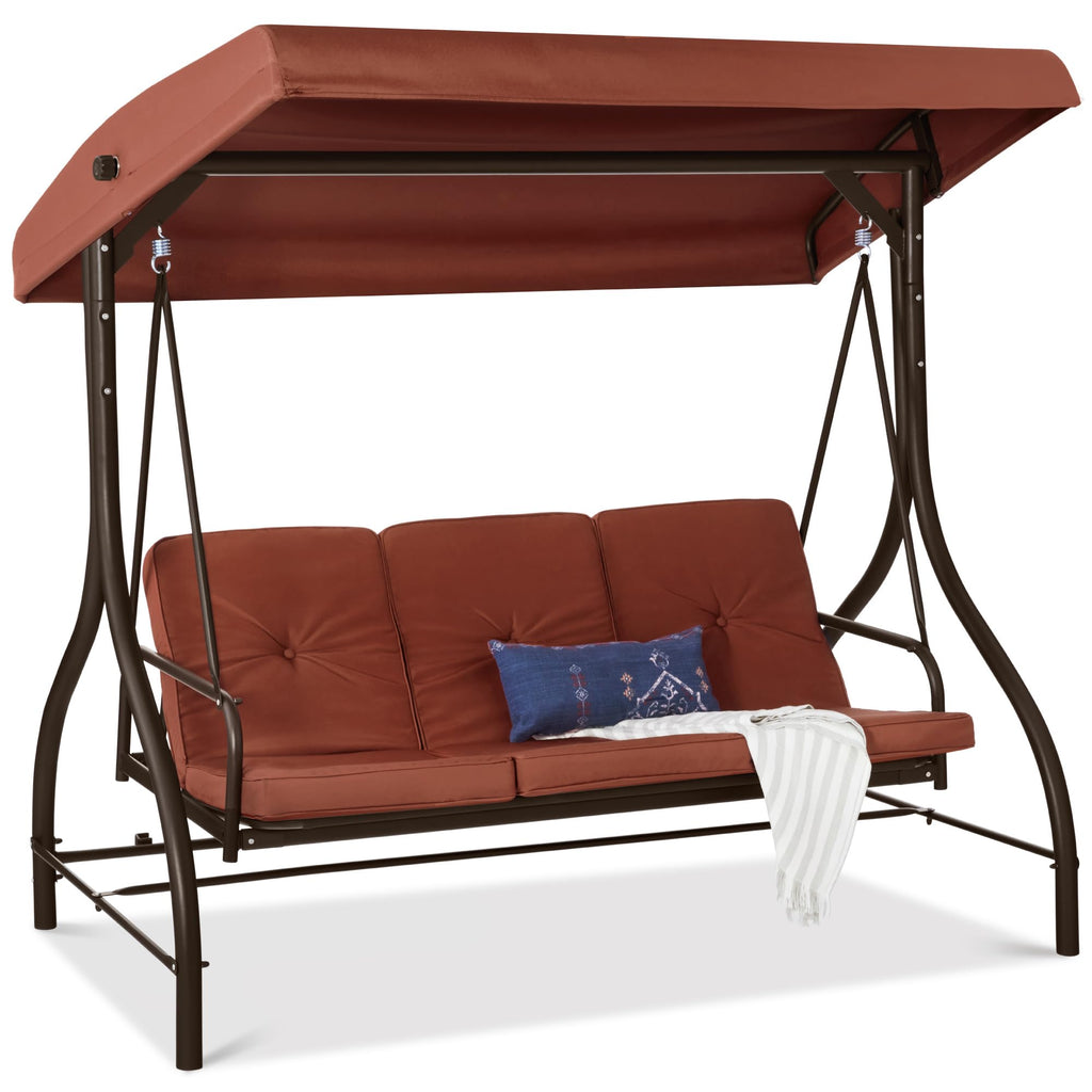 Best Choice Products 3-Seat Outdoor Large Converting Canopy Swing Glider, Patio Hammock Lounge Chair For Porch, Backyard W/Flatbed, Adjustable Shade, Removable Cushions - Dark Rust