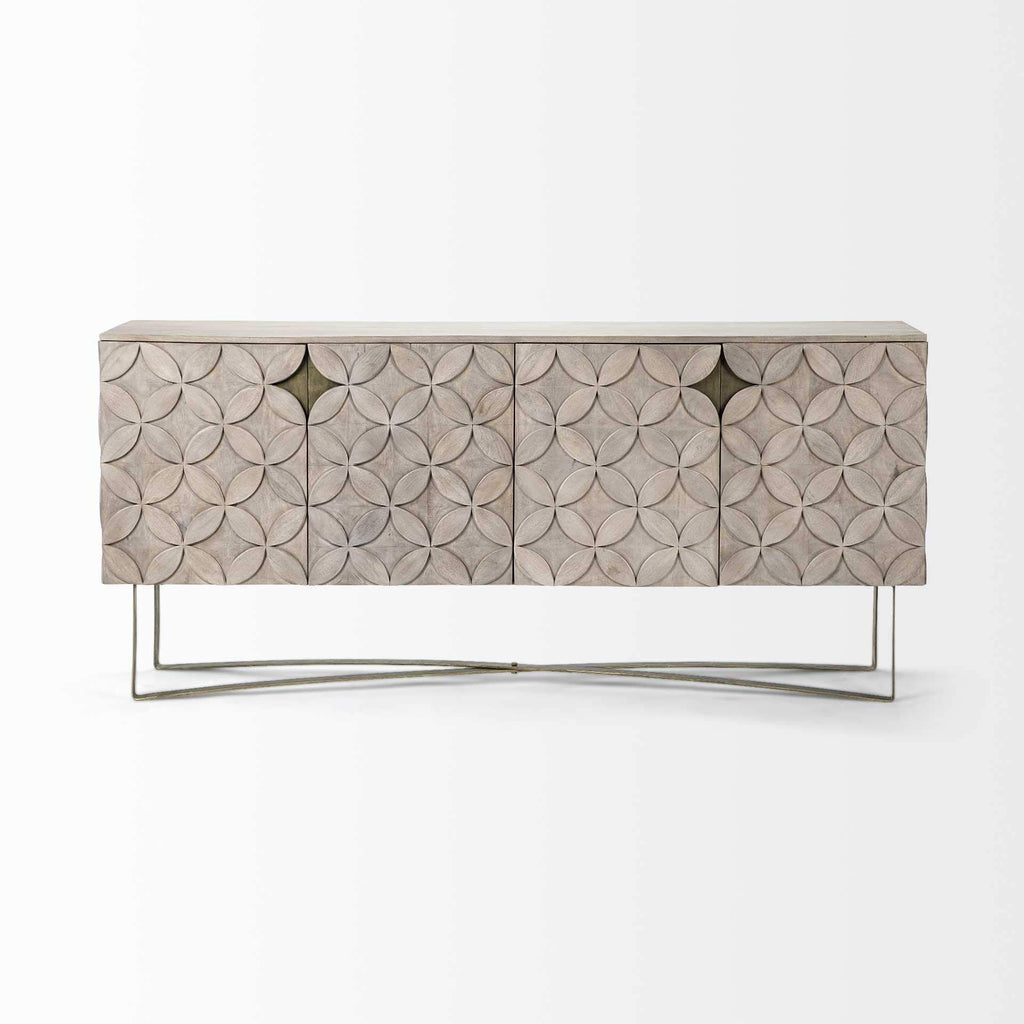HomeRoots Light Brown, Antiqued Gold Wood, Metal Light Brown Solid Mango Wood Finish Sideboard with 4 Cabinet Doors