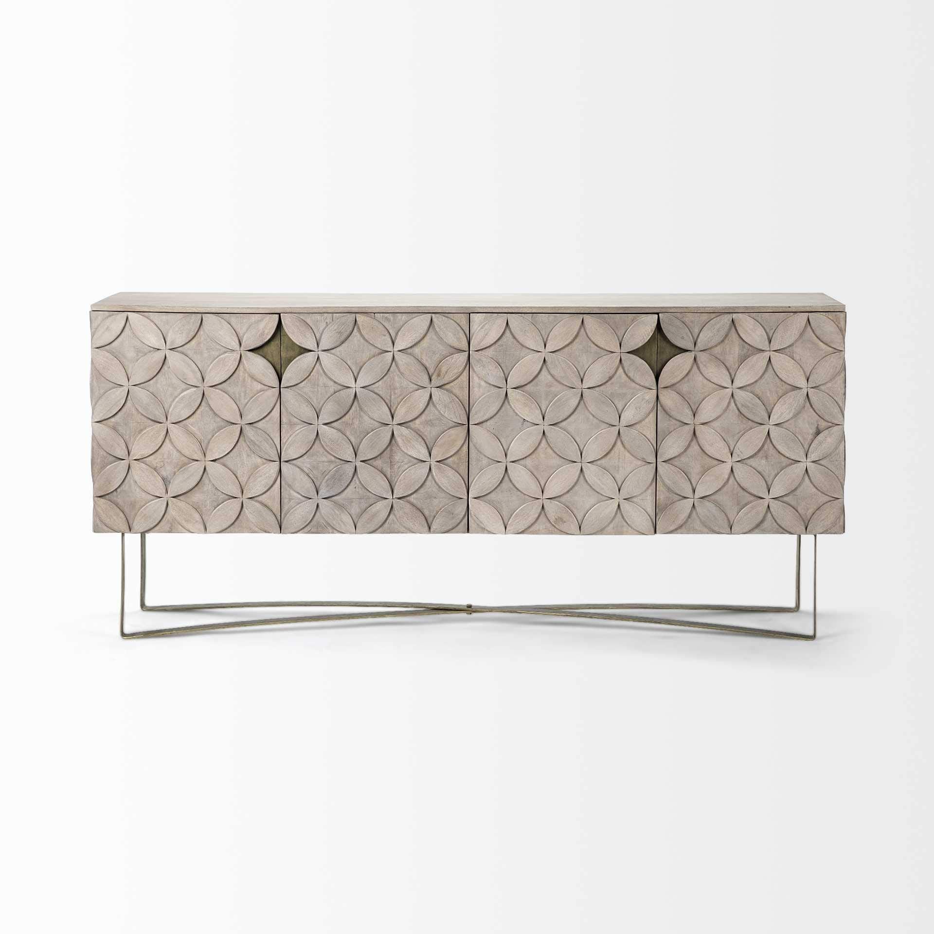 HomeRoots Light Brown, Antiqued Gold Wood, Metal Light Brown Solid Mango Wood Finish Sideboard with 4 Cabinet Doors
