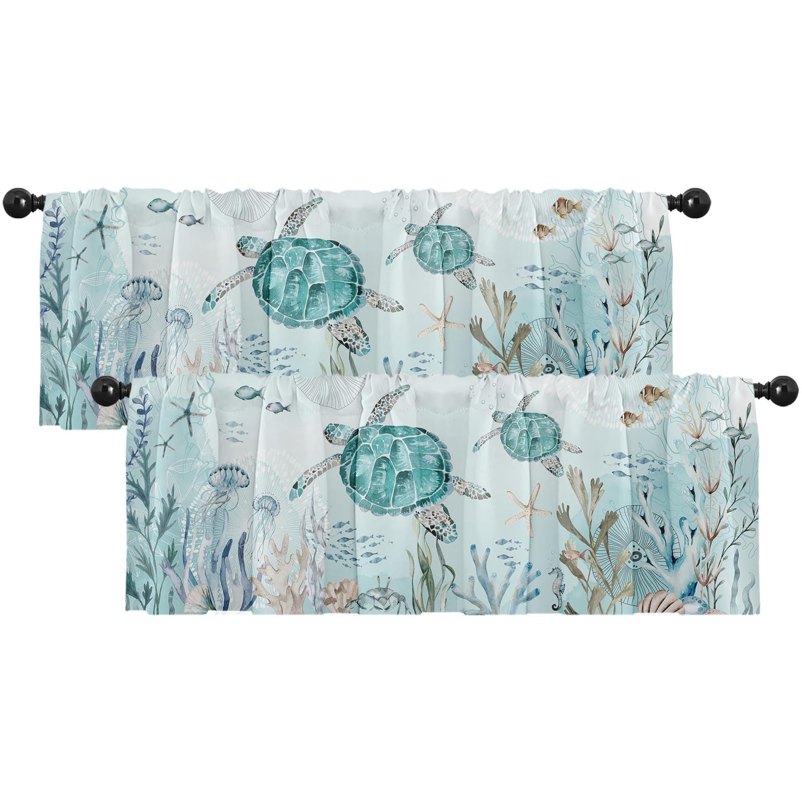 Emvency 2 Pack Valances Window Treatments,Summer Ocean Turtle Sea Teal Starfis Blackout Drapes Adjustable Curtain Valances for W