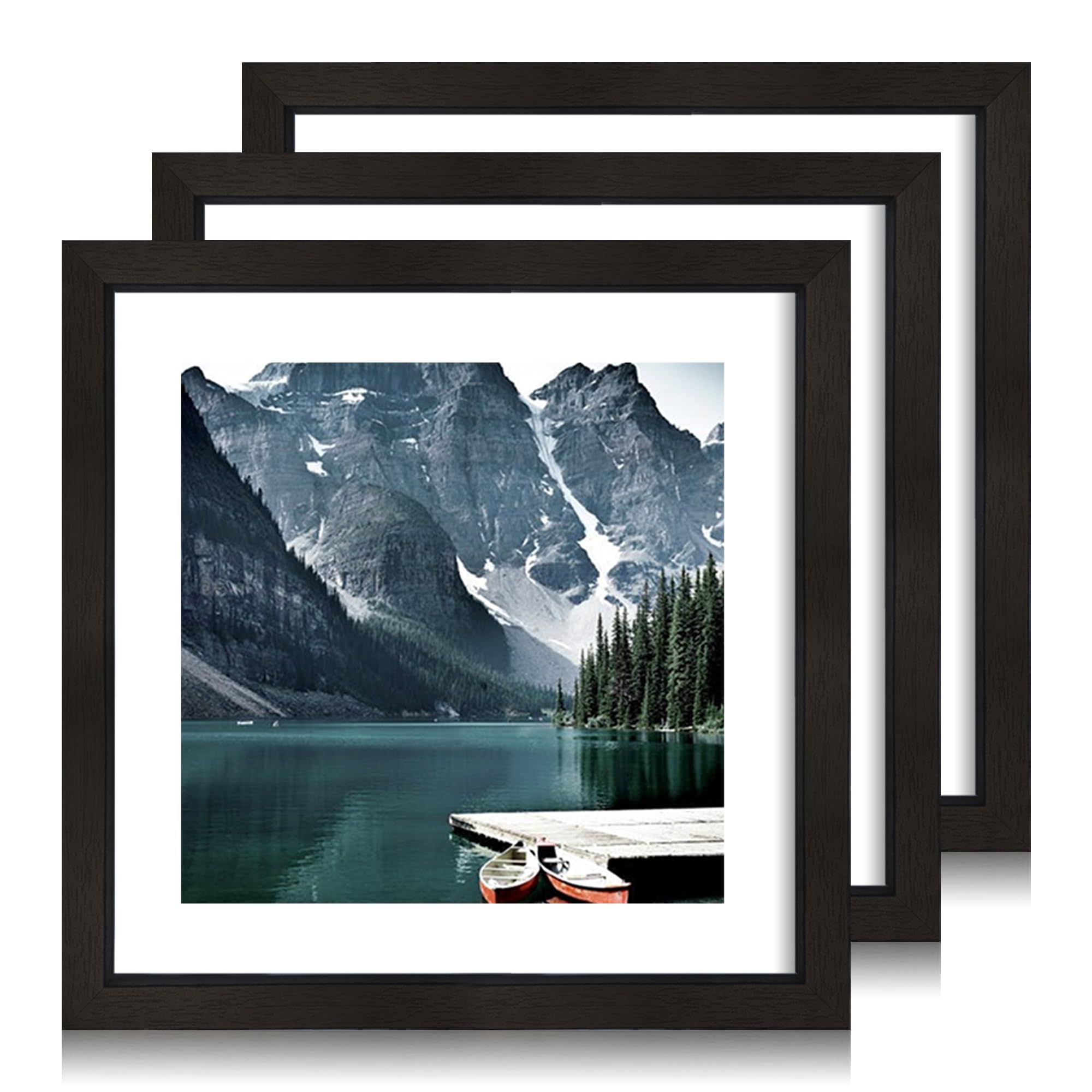 Hongkee 10x10 Black Picture Frames set of 3, Made of Wooden and Real Glass Square Photo frame - Displays 8x8 Picture With Mat or