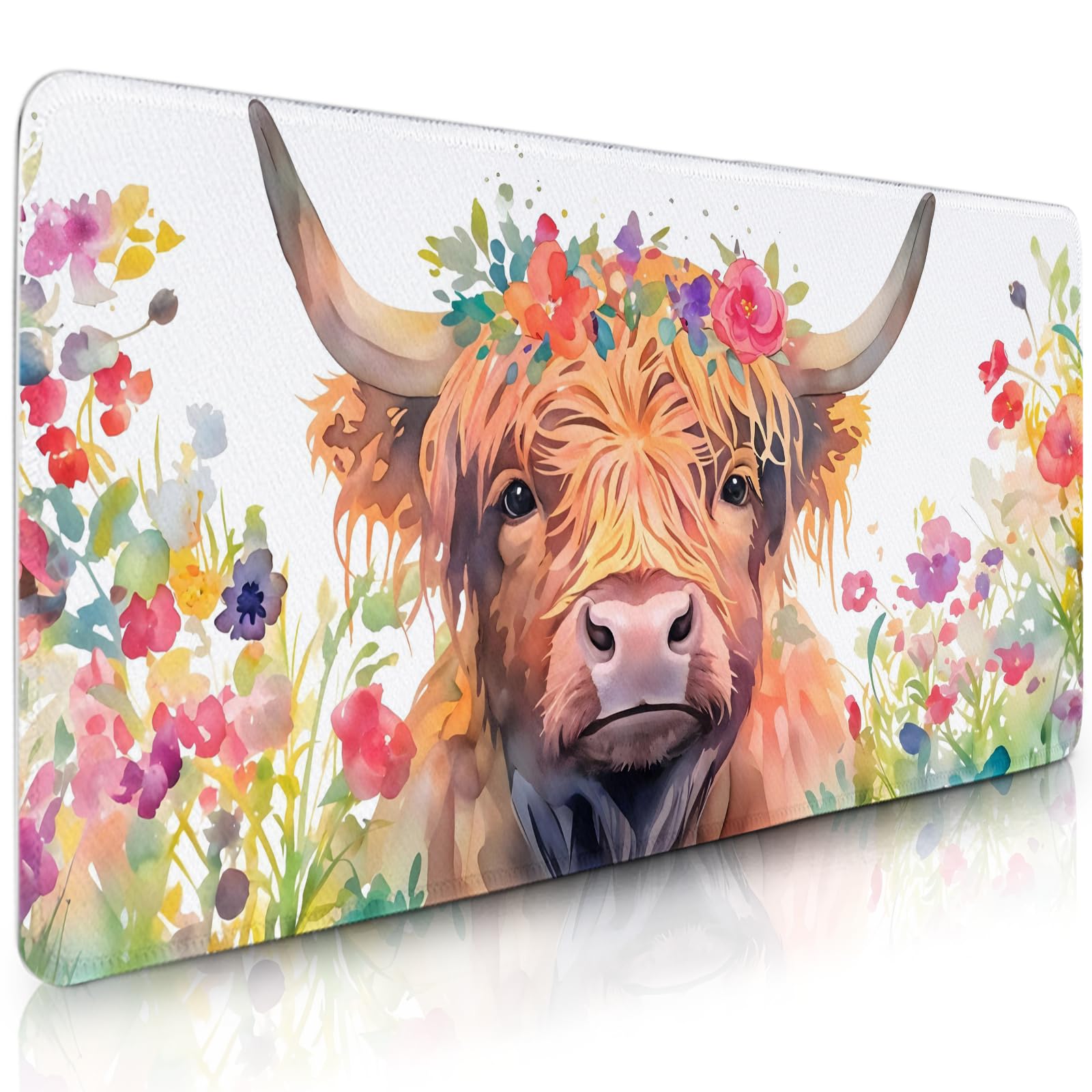 Gaming Mouse Pad, Highland Cow Mousepad Large, Big Desk Accessories Mat with Non-Slip Rubber Base Stitched Edges, Gifts for High