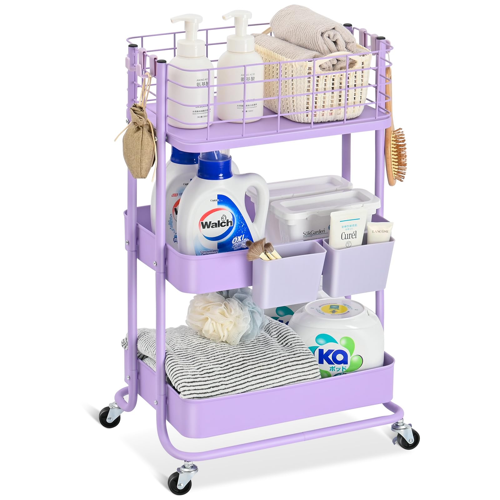 Kingrack 3 Tier Rolling Cart, Metal Mobile Storage Shelf With Lockable Wheels, Prevent Falling Utility Trolley Cart, Storage Org