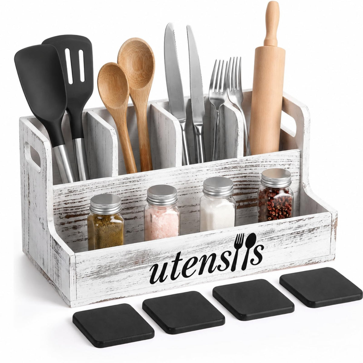 FoldTier 9 Pcs Extra Large Wooden Kitchen Utensil Holder with 5 Compartment
