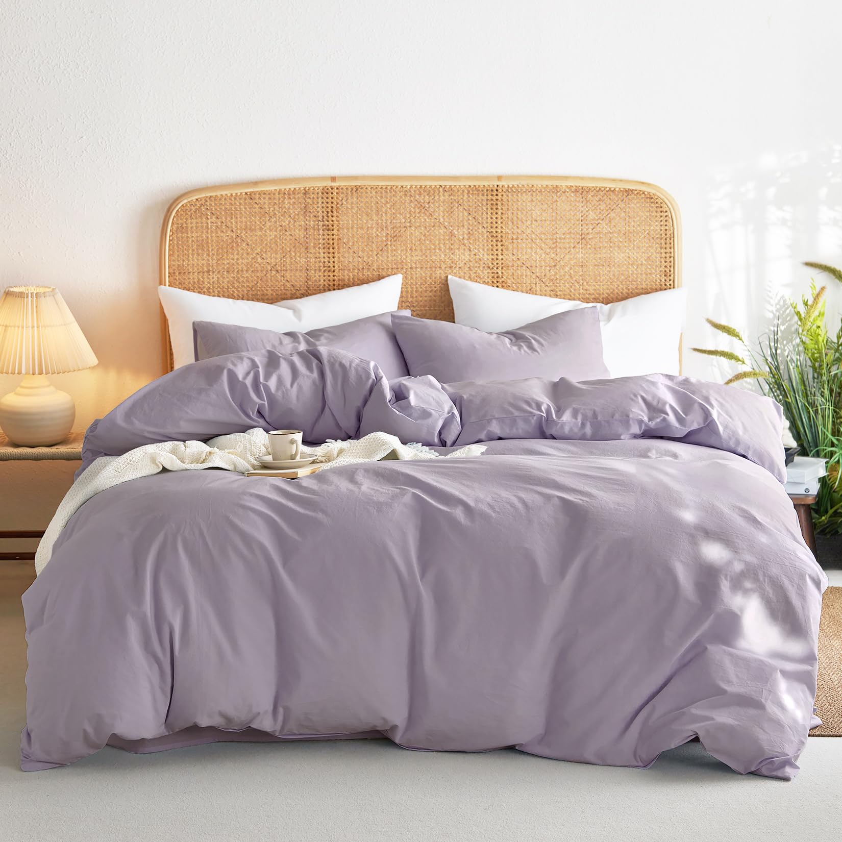 Wake In Cloud - Cotton Duvet Cover Set, Queen Size, Light Purple, 100% Washed Cotton, Linen Like Textured, Breathable Percale Du