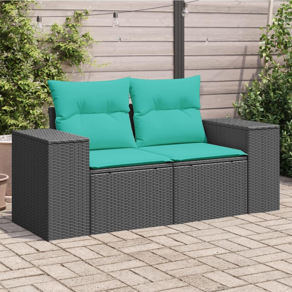 vidaXL Patio Sofa with Cushions - 2-Seater Outdoor Loveseat, Black Poly Rattan, with Storage, Removable Covers, Comfortable Seating for Garden/Deck