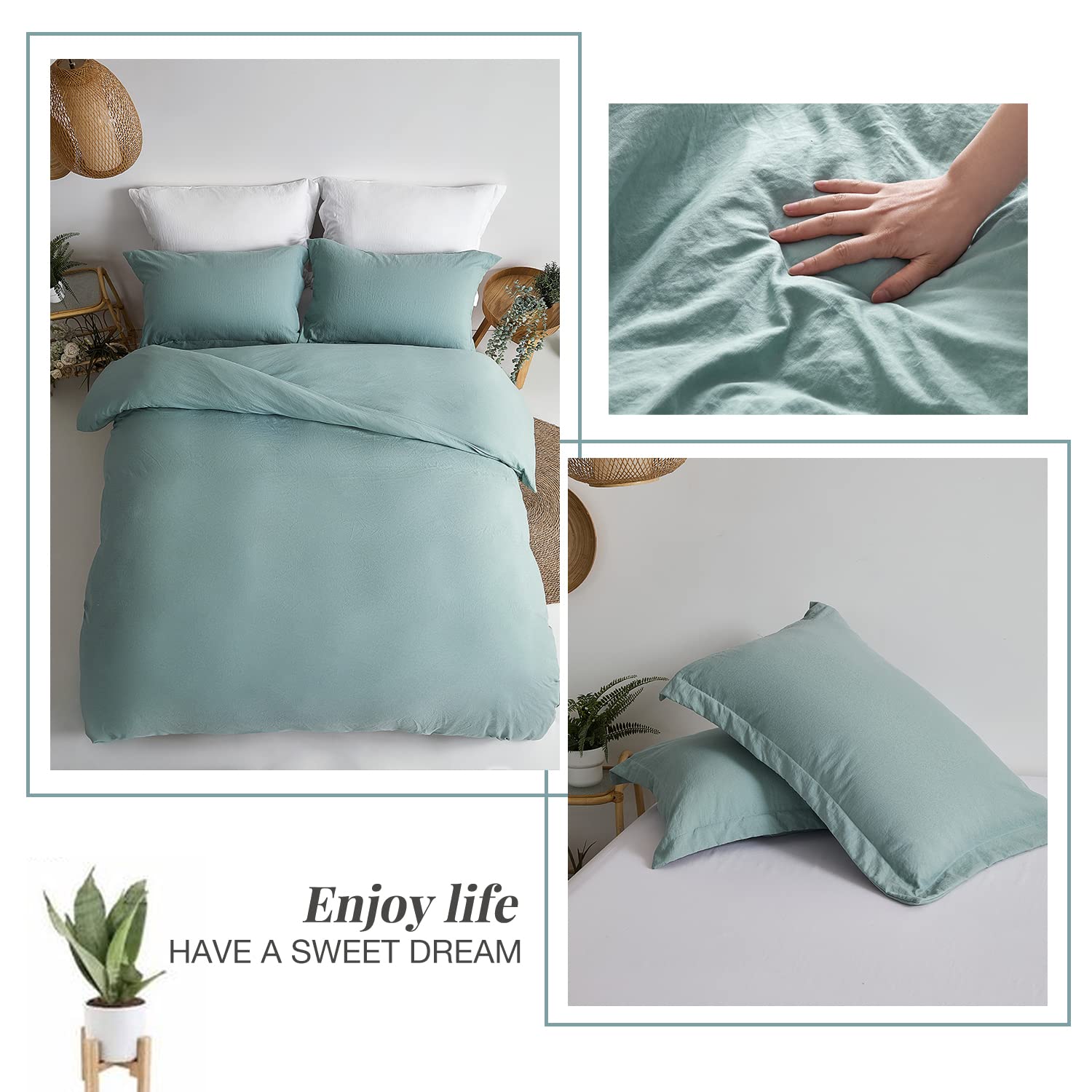 Mildly Super Soft Duvet Cover - 100% Washed Microfiber Grayish Teal Comforter Cover Set 3 Pieces With Zipper Closure & Corner Ti