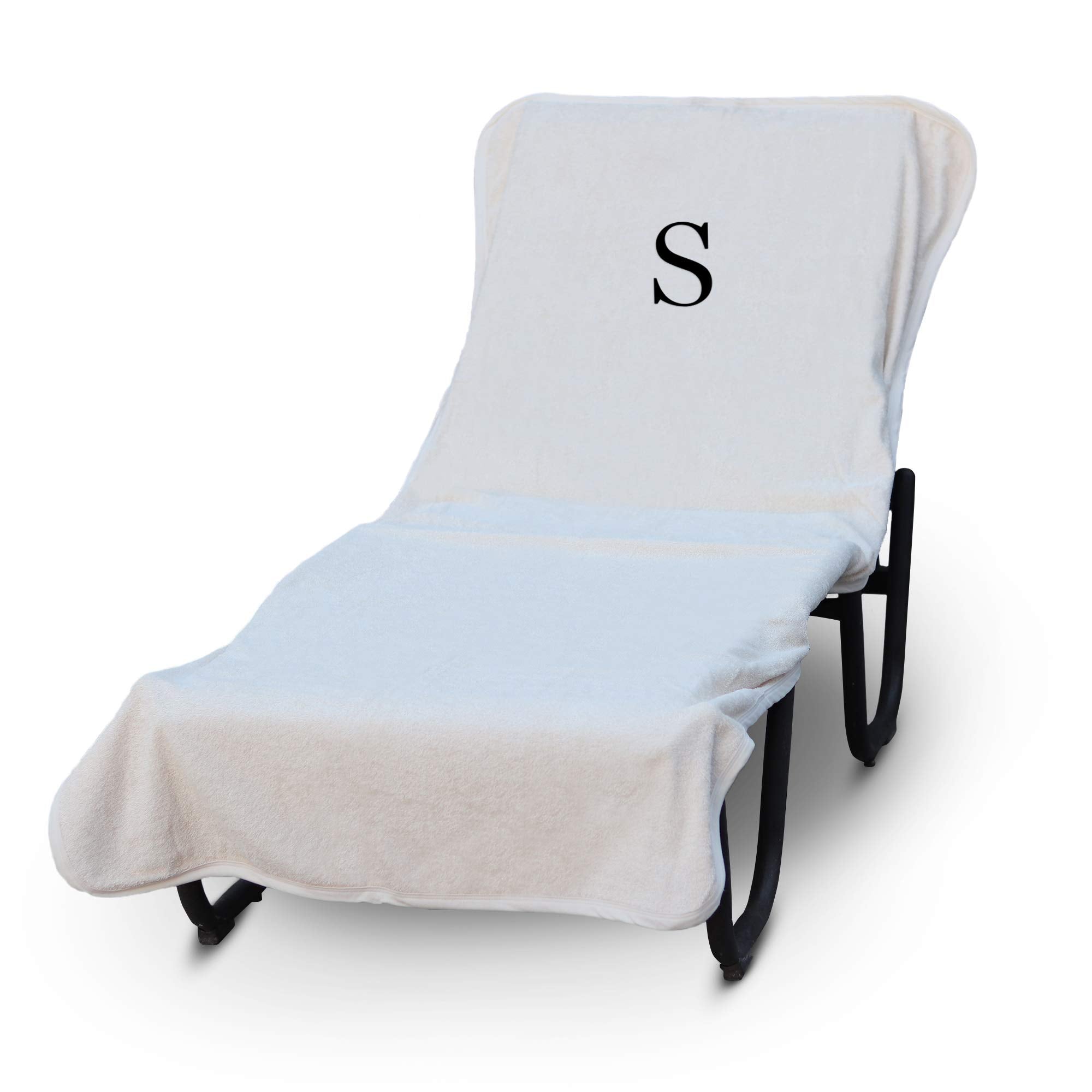 Luxury Hotel & Spa Monogrammed Pool Chaise Lounge Cover, Block Letter Embroidered - Extra Absorbent 100% Turkish Cotton- Soft Terry - Hotel-Style, Standard Size 90' X 29' - White - Black Letter S