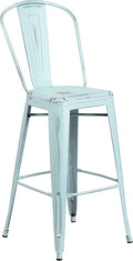 Commercial Grade 30 High Distressed Green-Blue Metal Indoor-Outdoor Barstool with Back