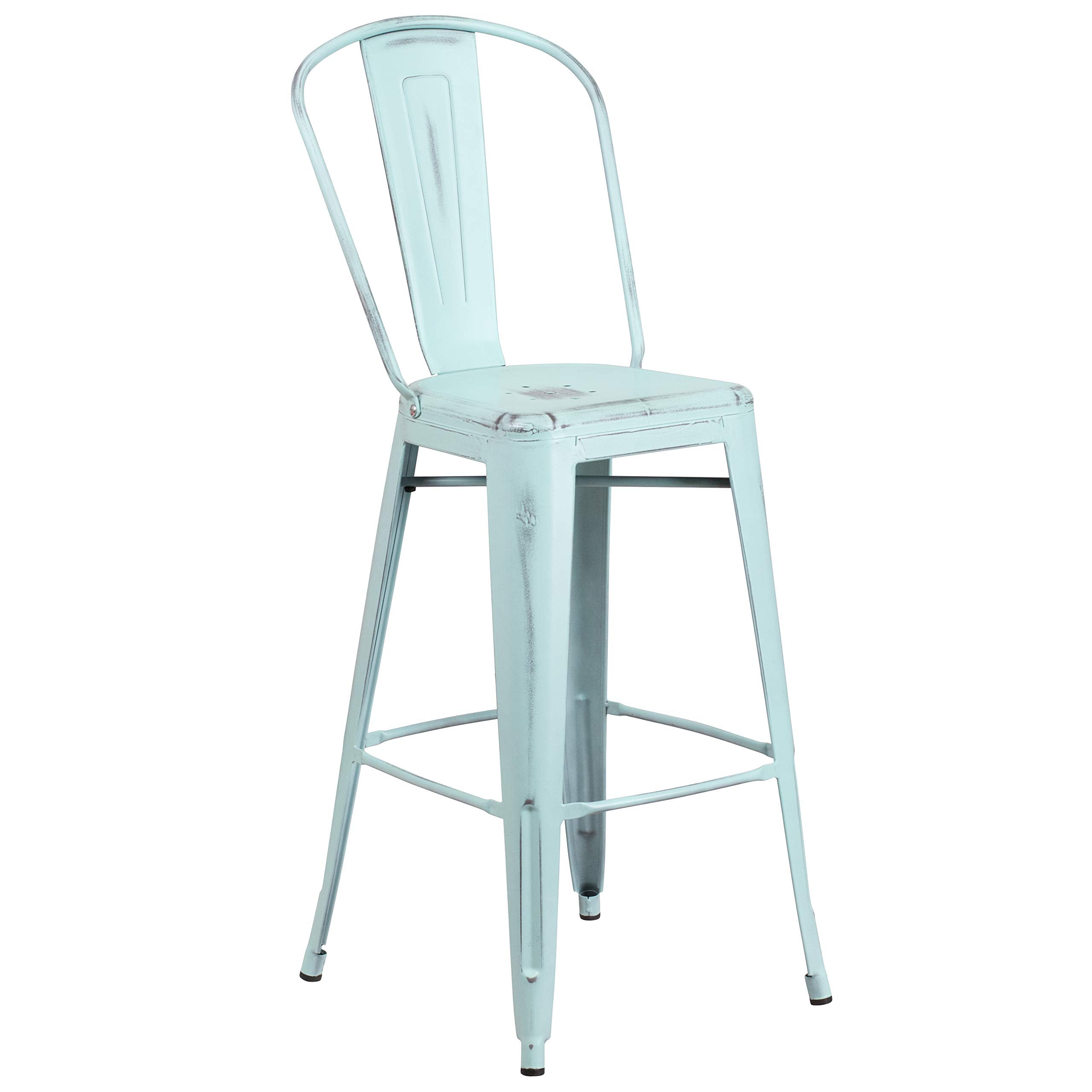 Flash Furniture Commercial Grade 30' High Distressed Green-Blue Metal Indoor-Outdoor Barstool With Back