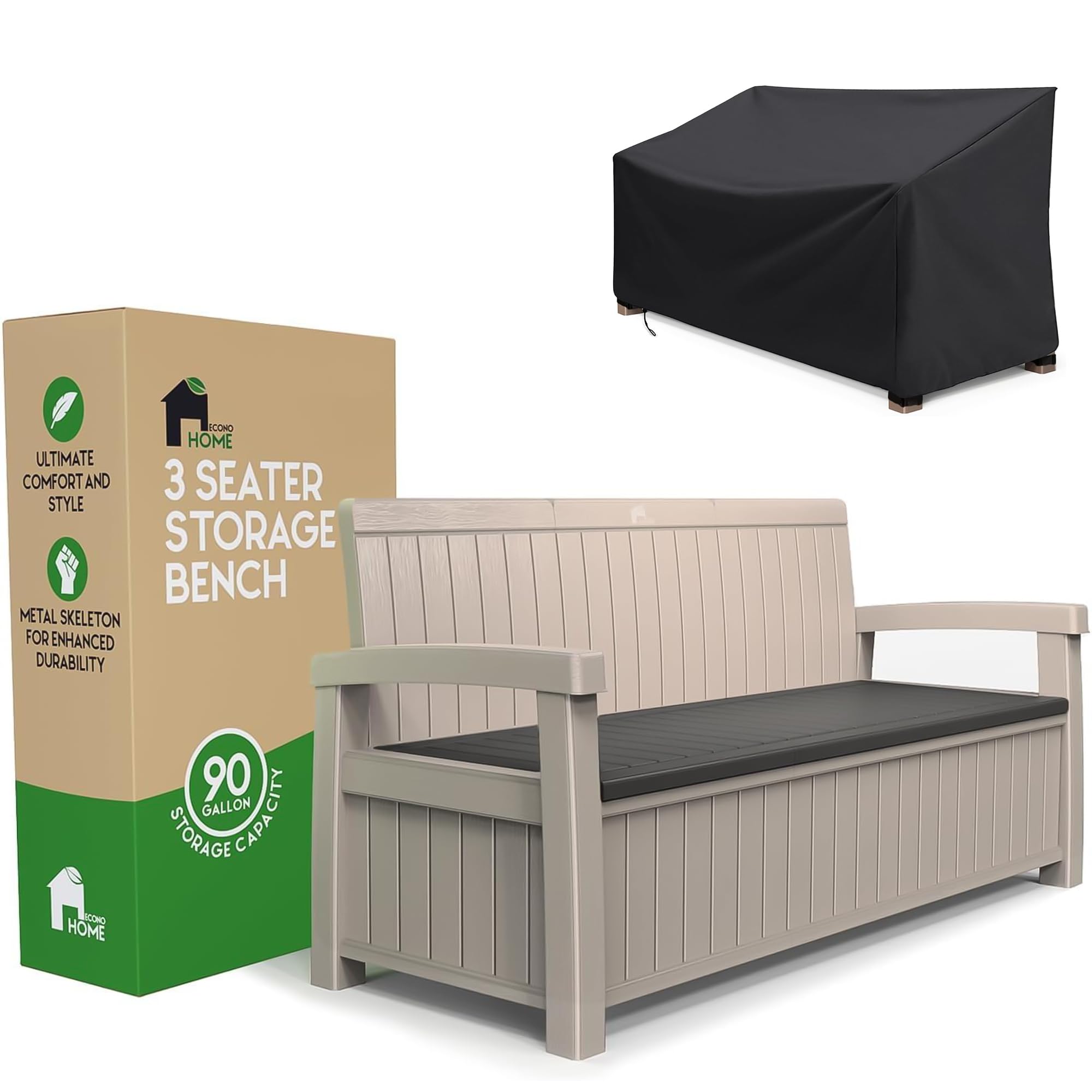 Econohome 3 Seat Outdoor Storage Bench With Rain Cover - 90 Gallon Capacity - Weatherproof Resin Bench For Patio, Porch, Garden, Yard, Pool Area - Furniture For Pool Accessories, Gardening Tools