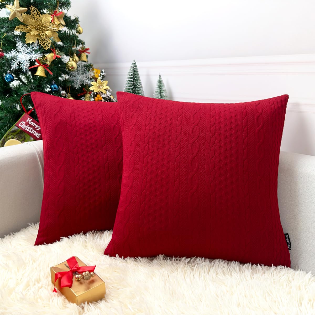 Booque Valley Christmas Pillow Covers, Pack Of 2 Super Soft Elegant Modern Patterned Red Cushion Covers Decorative Stretchy Thro
