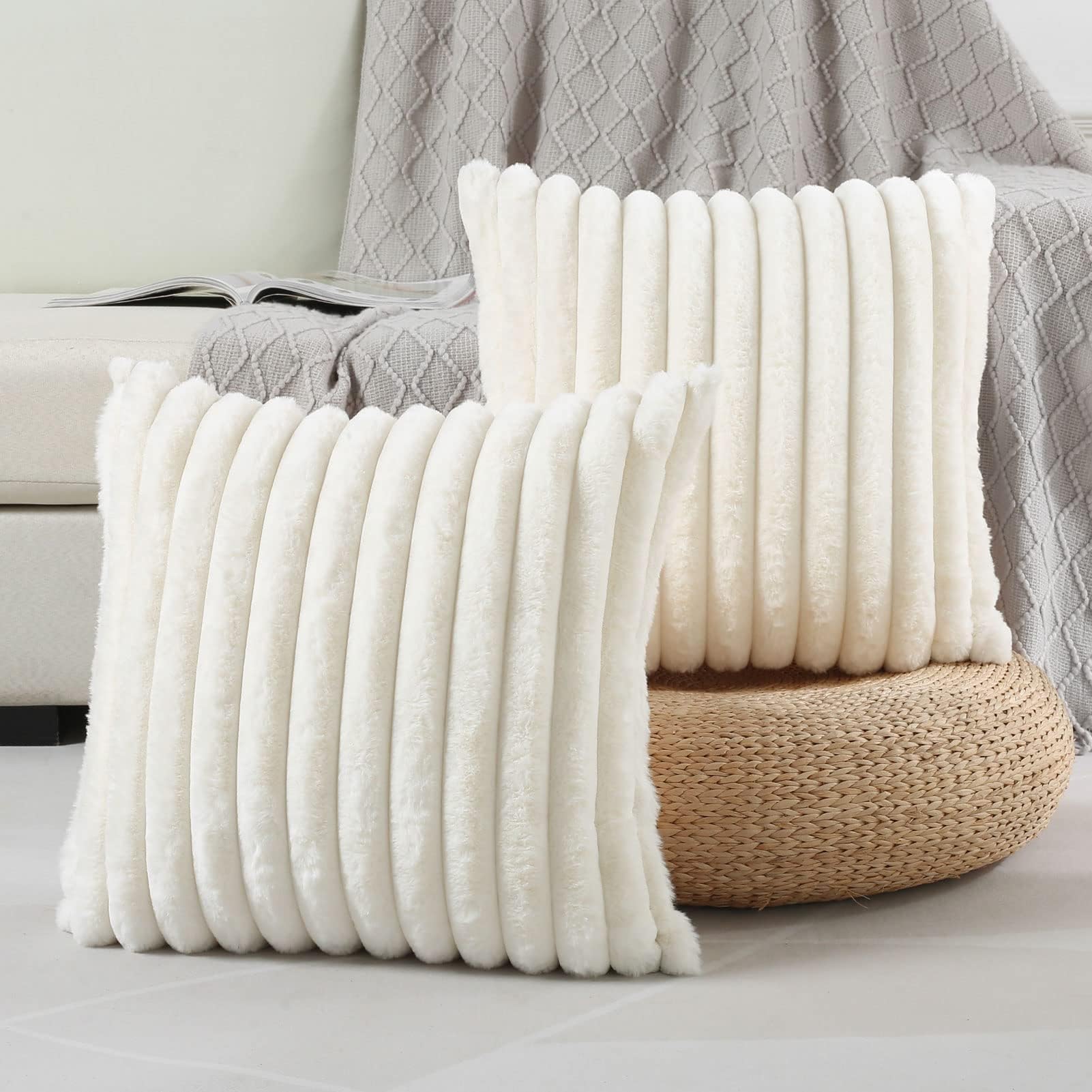Futei Cream White Striped Decorative Throw Pillow Covers 16X16 Inch Set Of 2,Square Winter Decorations Couch Pillow Case,Soft Co