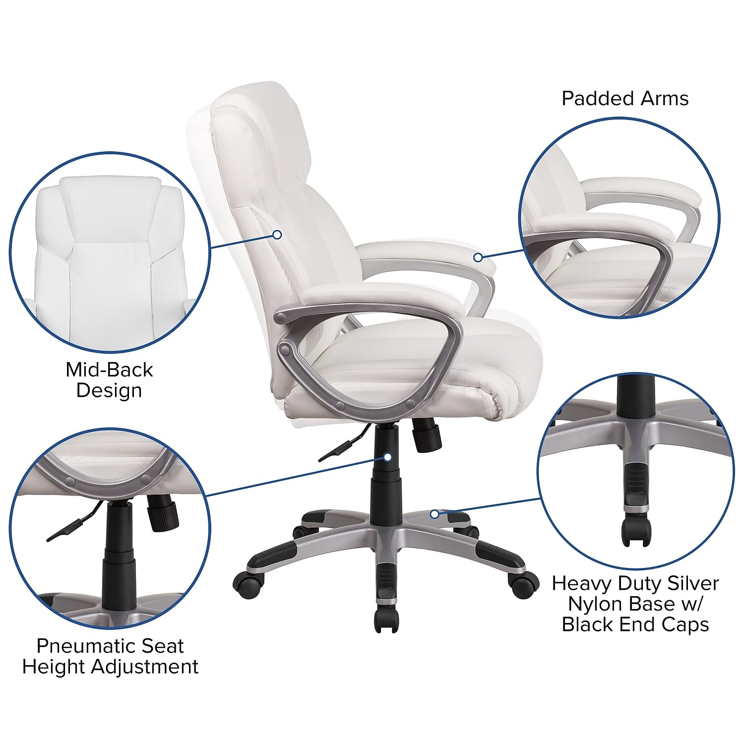 Flash Furniture Carolyn Mid-Back White Leathersoft Executive Swivel Office Chair With Padded Arms
