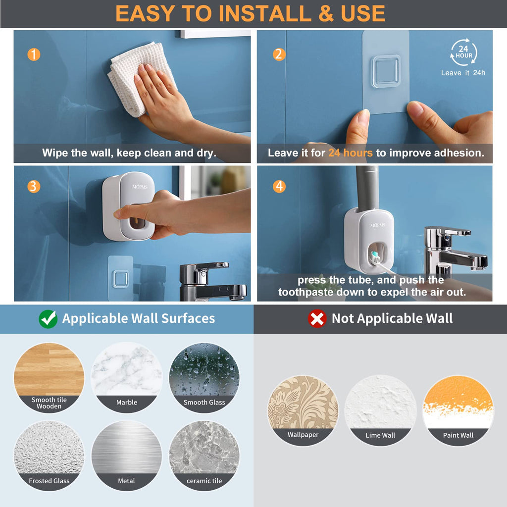 Mopms Toothpaste Dispenser Wall Mounted For Bathroom Automatic Toothpaste Squeezer For Kids And Adult (Grey-1Pcs)