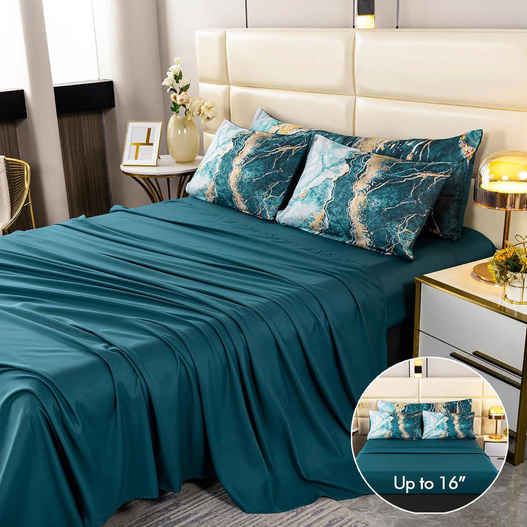 Perfemet 6 Pcs Brown Marble Bedding Set King Watercolor Tie Dye Printing Comforter Set With Sheets Abstract Artwork Brown And Go