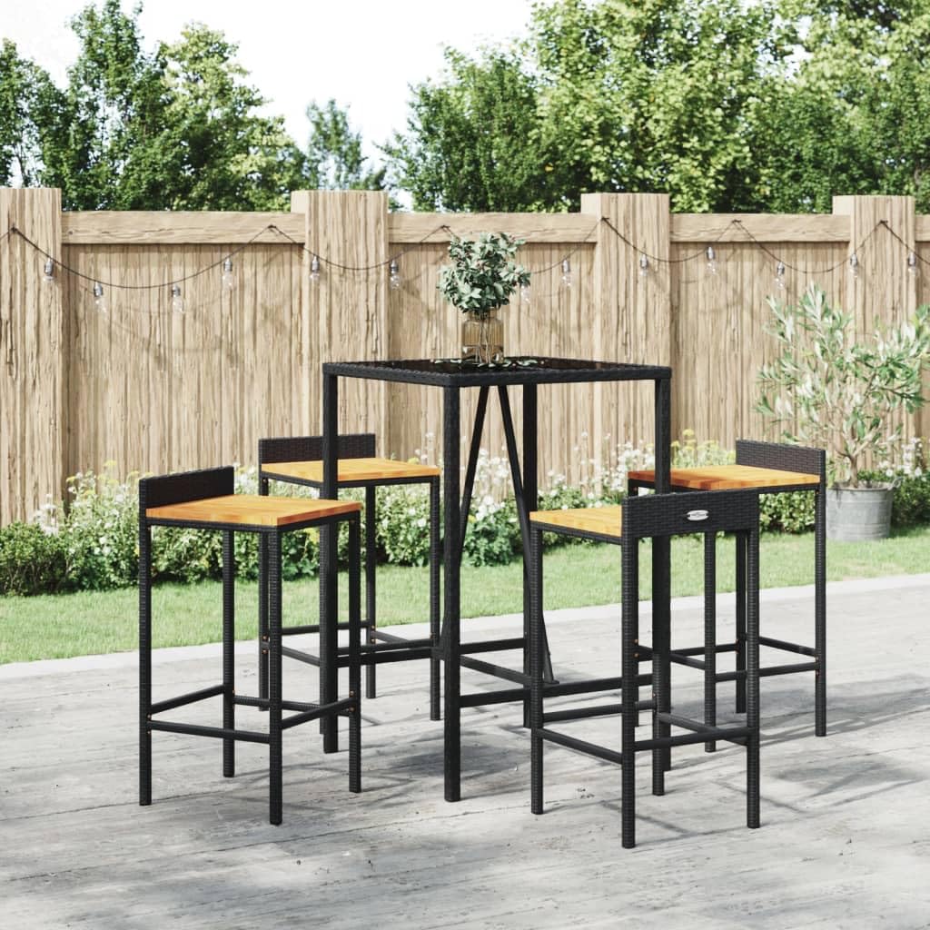 vidaXL Set of 5 Black Polyrattan & Acacia Garden Furniture
