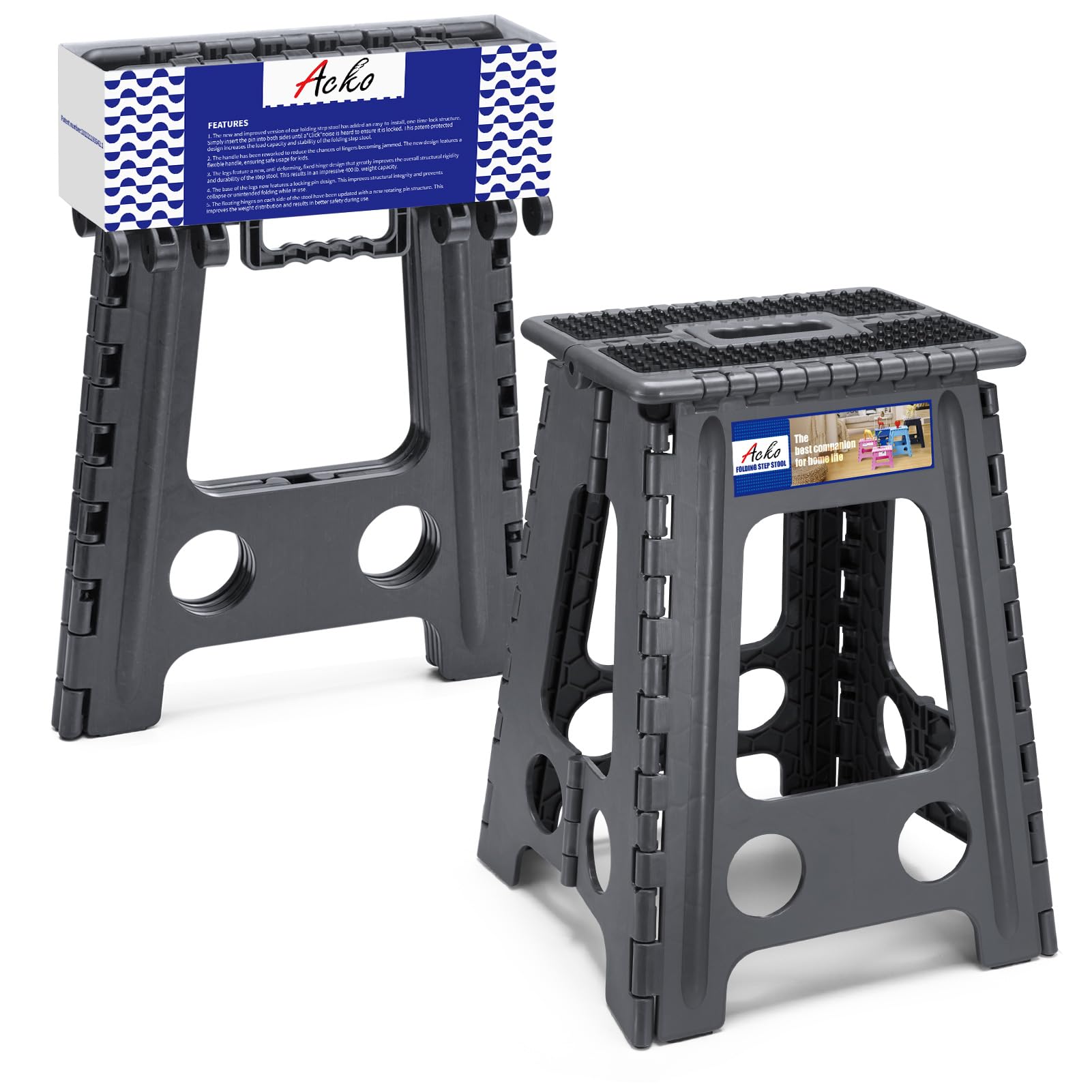 Acko Folding Step Stool Foldable 17.5 Inch Stools For Adults And Kids,Plastic Stools Tall 400 Lbs Capacity,Collapsible Stool For Kitchen, Stepping Foot Stool With Handle,Dot Grey,1 Pc