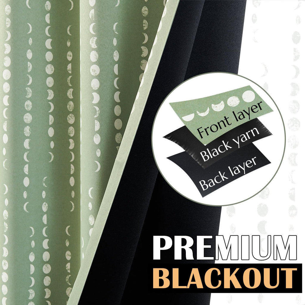 Jinchan 100% Blackout Boho Curtains Moon Phases Printed Bedroom Curtains 90 Inches Long Sage Green Drapes Rod Pocket Back Tab Thermal Insulated Curtains For Nursery Window Drapes Curtain Set 2 Panels