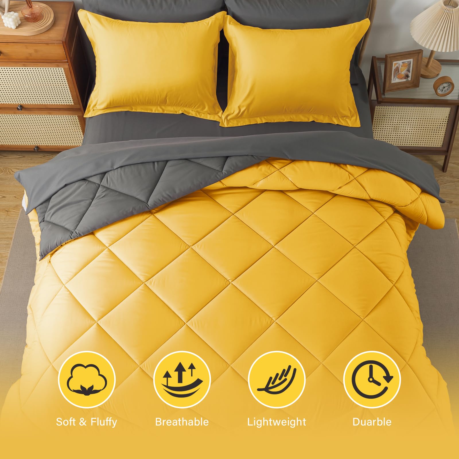 Cosybay Bed In A Bag Full Reversible Comforter Sets 7Pcs All Season Down Alternative Bedding Sets Yellow And Grey With Comforter