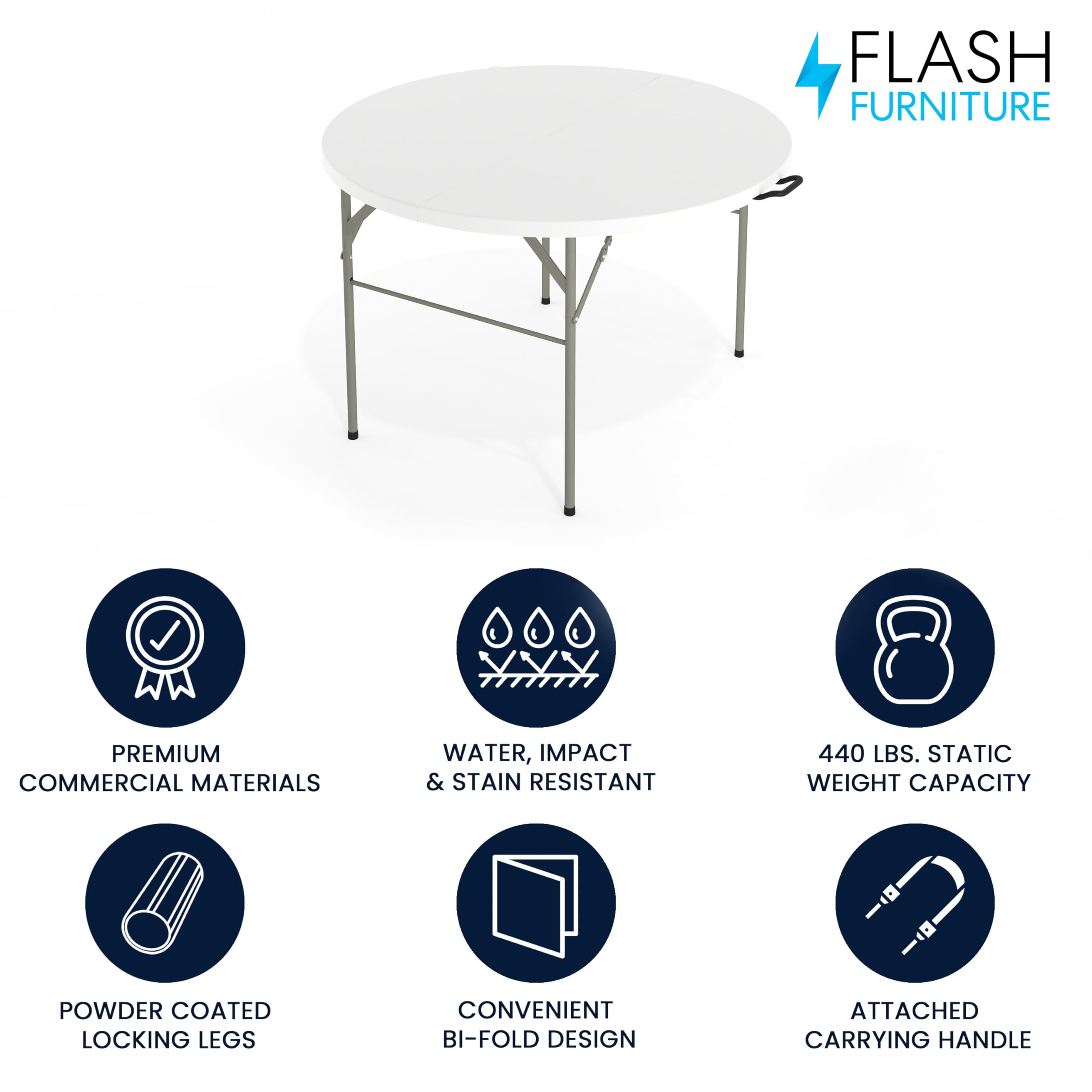 Flash Furniture Freeman 4' Round Plastic Folding Event Table with Carrying Handle, Bi-Fold Portable Banquet Table for Indoor/Outdoor Events, White