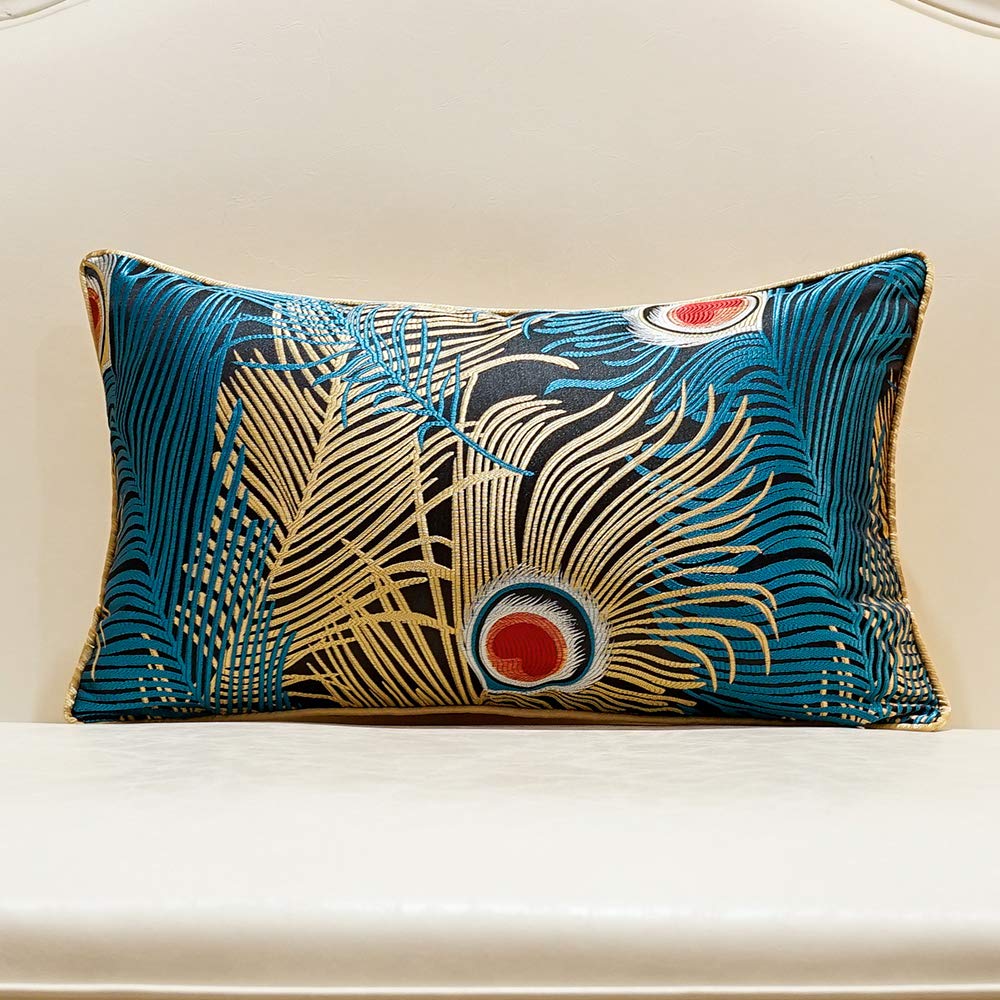 Avigers 12 X 20 Inches Navy Blue Gold Peacock Feathers Cushion Cases Luxury Throw Pillow Covers Home Decorative Pillows For Couc