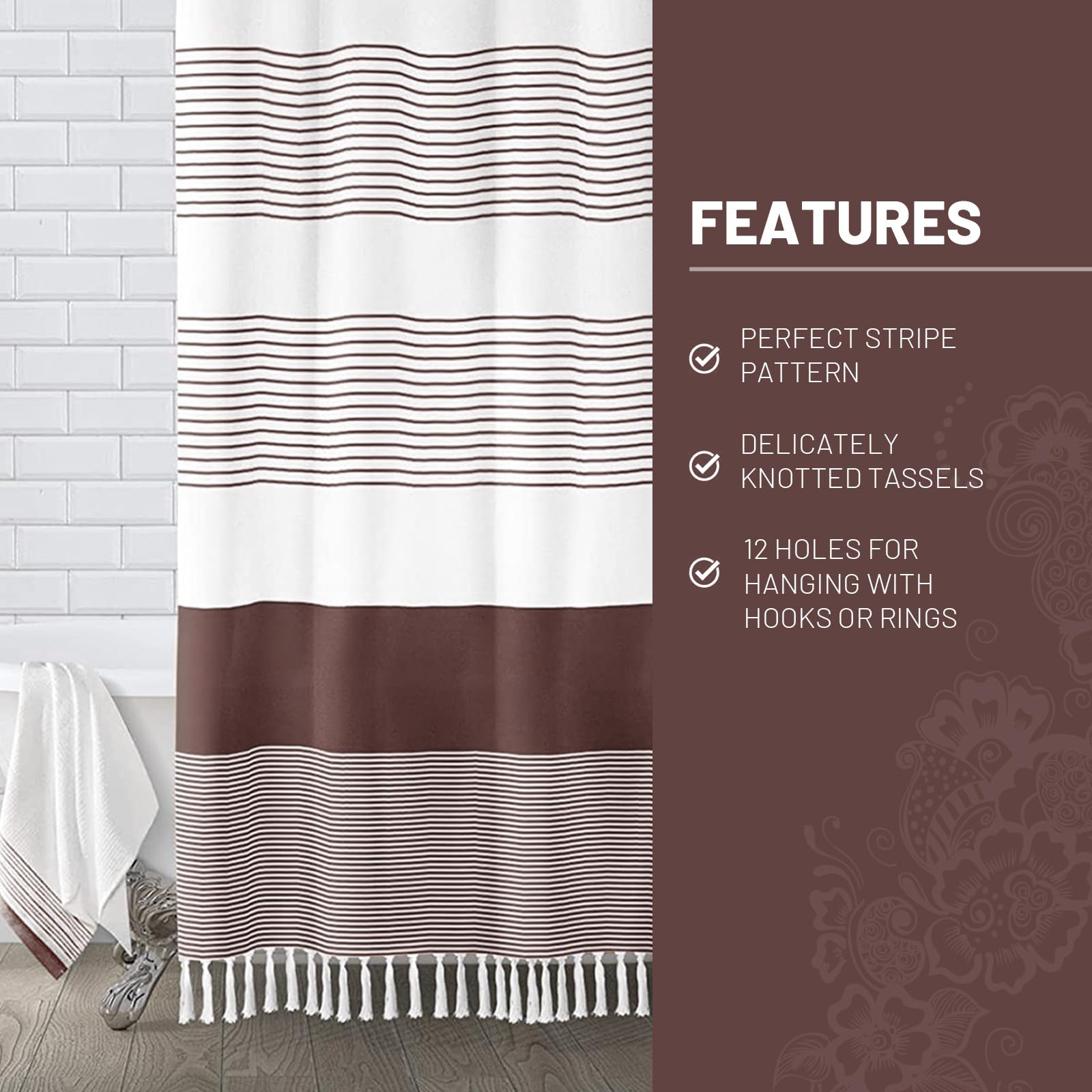 Awellife Boho Dark Brown Shower Curtain For Bathroom Stripe Tassel Shower Curtain 72 X 72 Inches Farmhouse Linen
