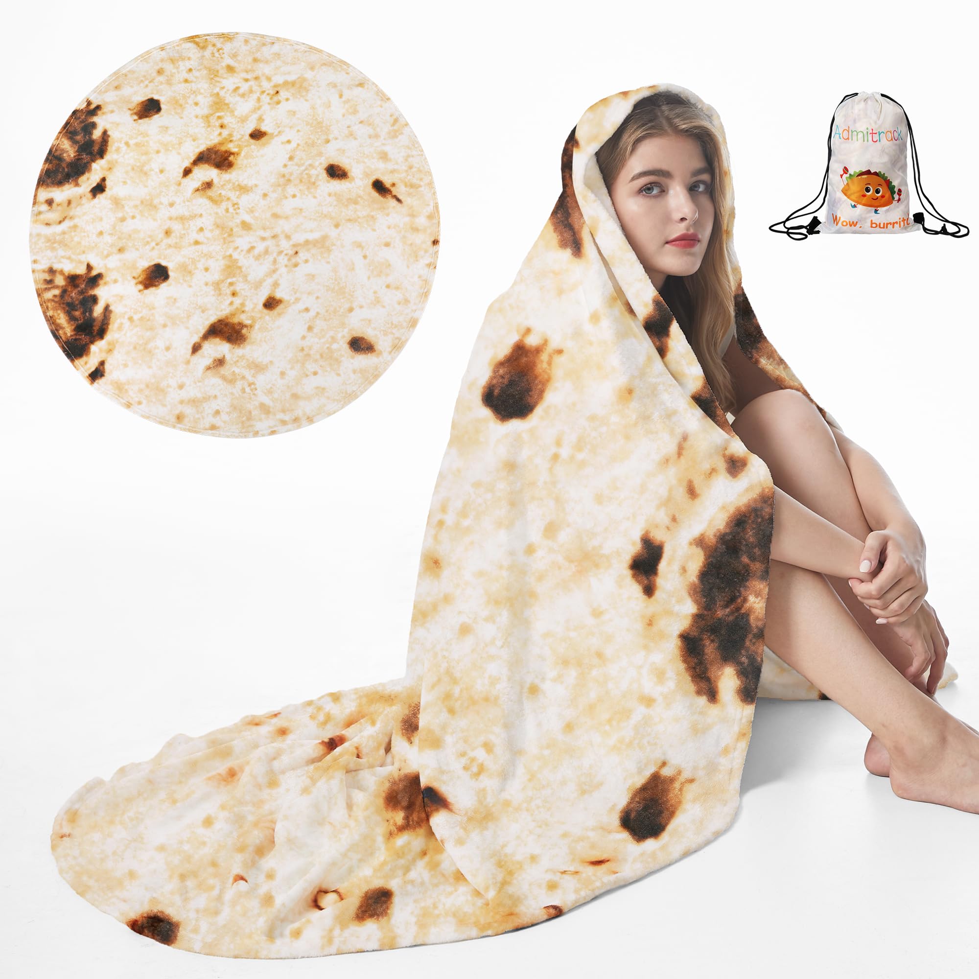 Admitrack Tortilla Wrap Blanket,Burritos Round Wrap Blanket,Tortilla Throw Blanket,Funny Realistic Food Round Blanket,Novelty Bu
