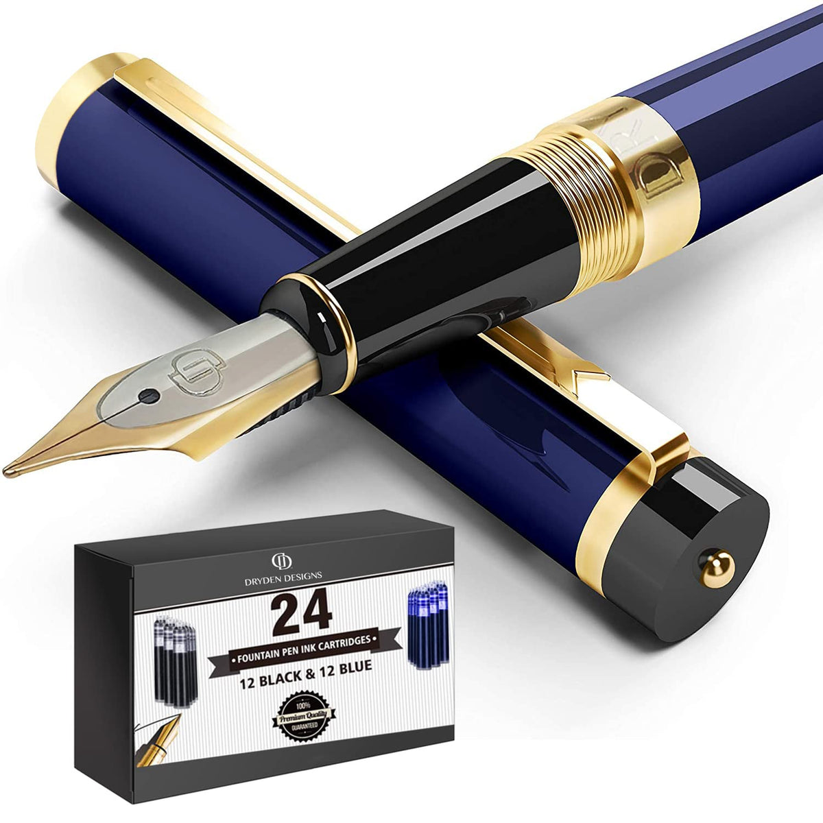 Dryden Designs Fountain Pen - Medium Nib 0.5Mm | Includes 24 Ink Cartridges - 12 Black 12 Blue And Ink Refill Converter | Callig