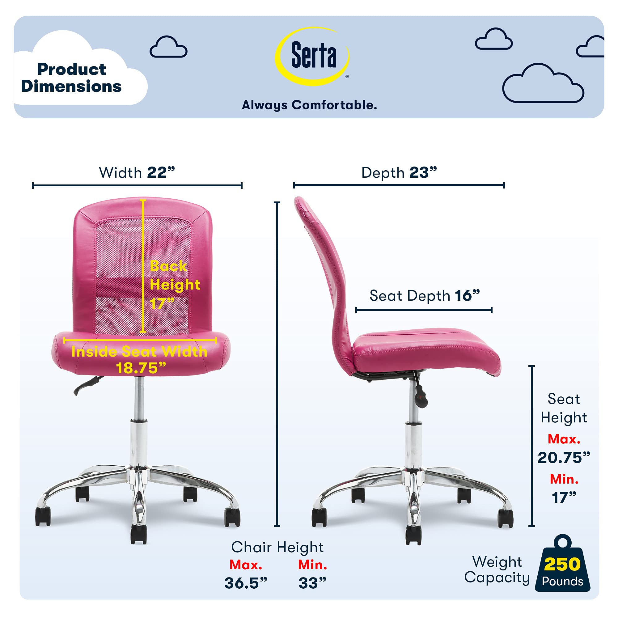 Serta Essential Mesh Low-Back Computer Desk Task Chair With No Arms For Home Office Or Conference Room, Faux Leather, Pink