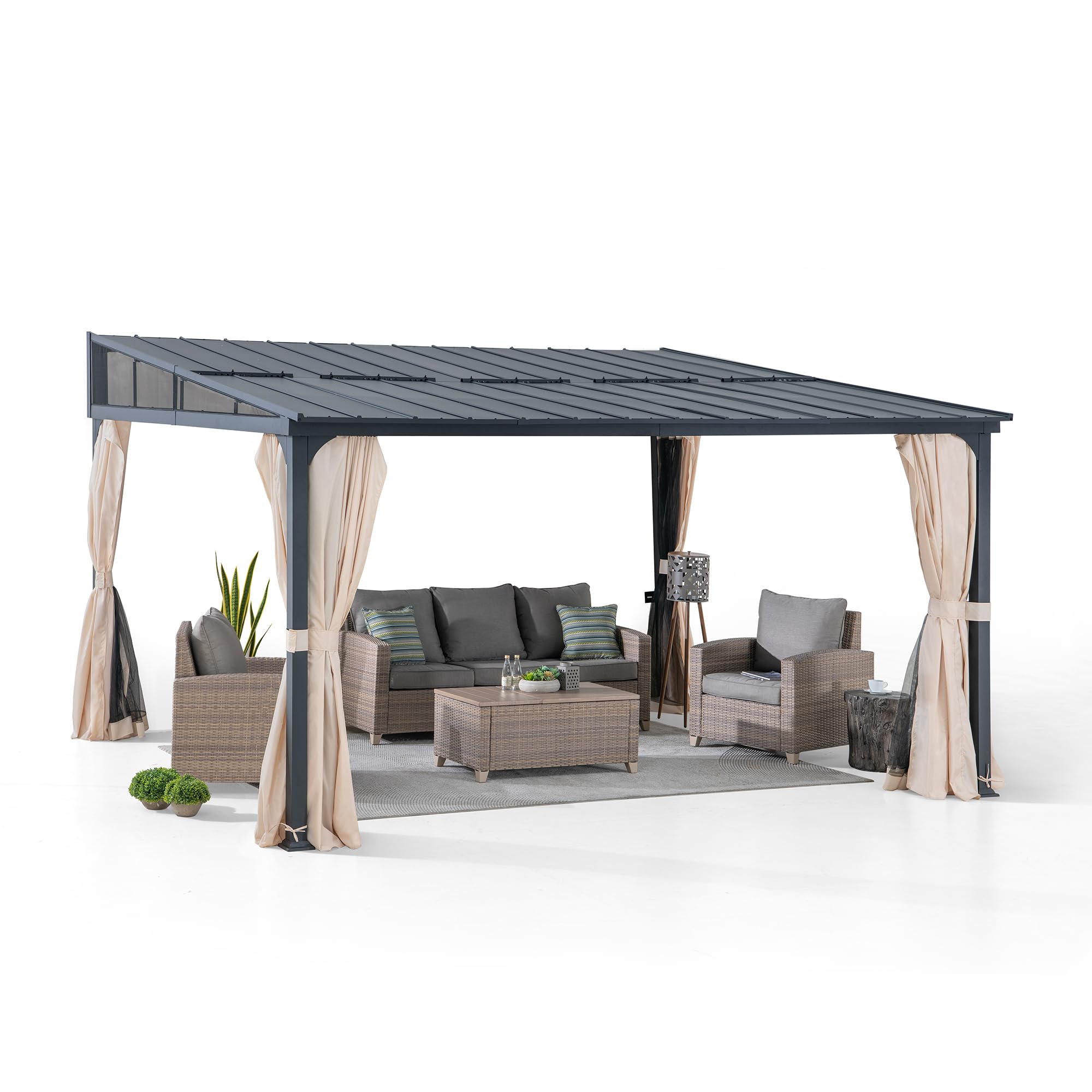 Sunjoy 12 X 14 Ft Wall Mounted Gazebo With Powder Coated Steel Roof, Black Aluminum & Metal Frame Lean To Gazebo With Curtains A