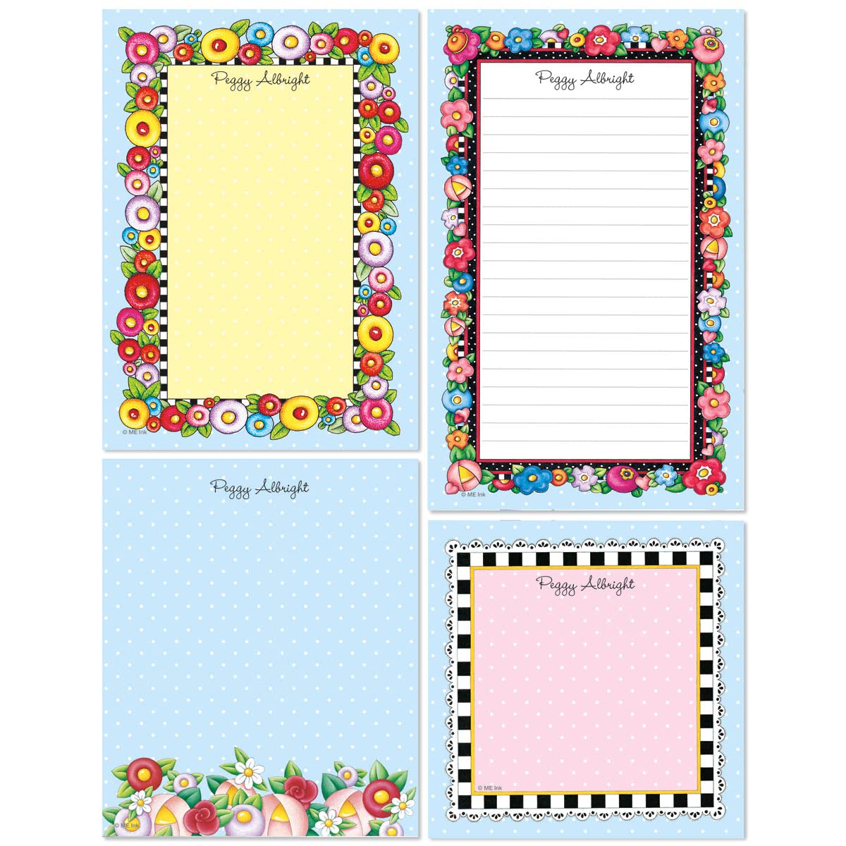 Mary Engelbreit Bright Floral Borders Personalized Memo Pads, Set Of 4, 100-Sheet Pads, Add Your Name, Largest Pad 4-1/4' X 6-3