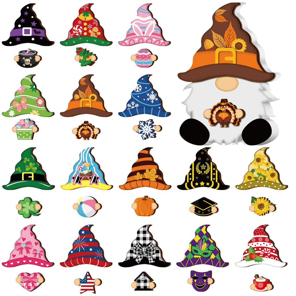 Qunclay Interchangeable Wooden Gnome Seasonal Changeable Gnome with 24 Magnet Swappable Pieces and 8 Detachable Hats for Fall Th